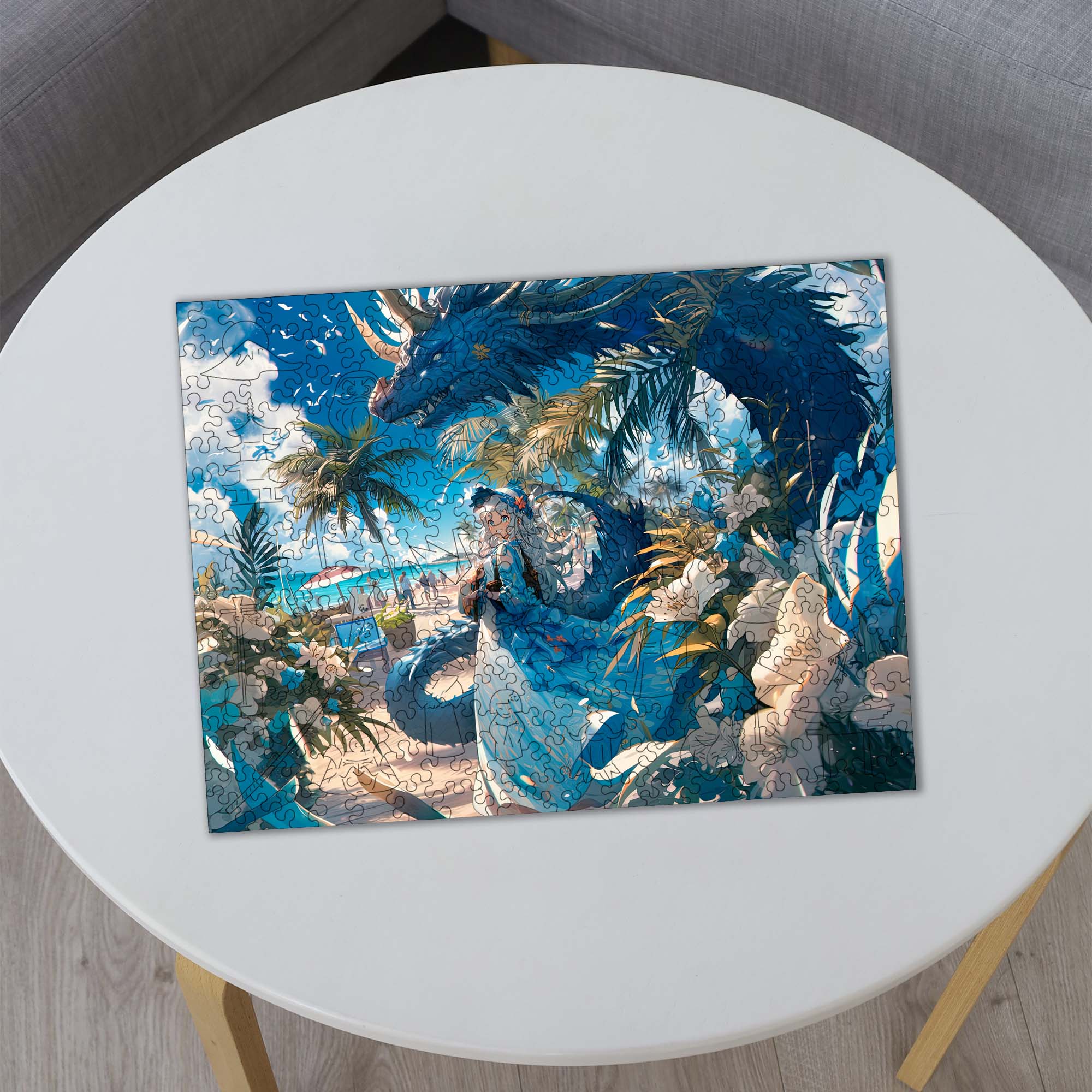 Wooden Jigsaw Puzzle Anime Blue Dragon and Girl - Woods Story