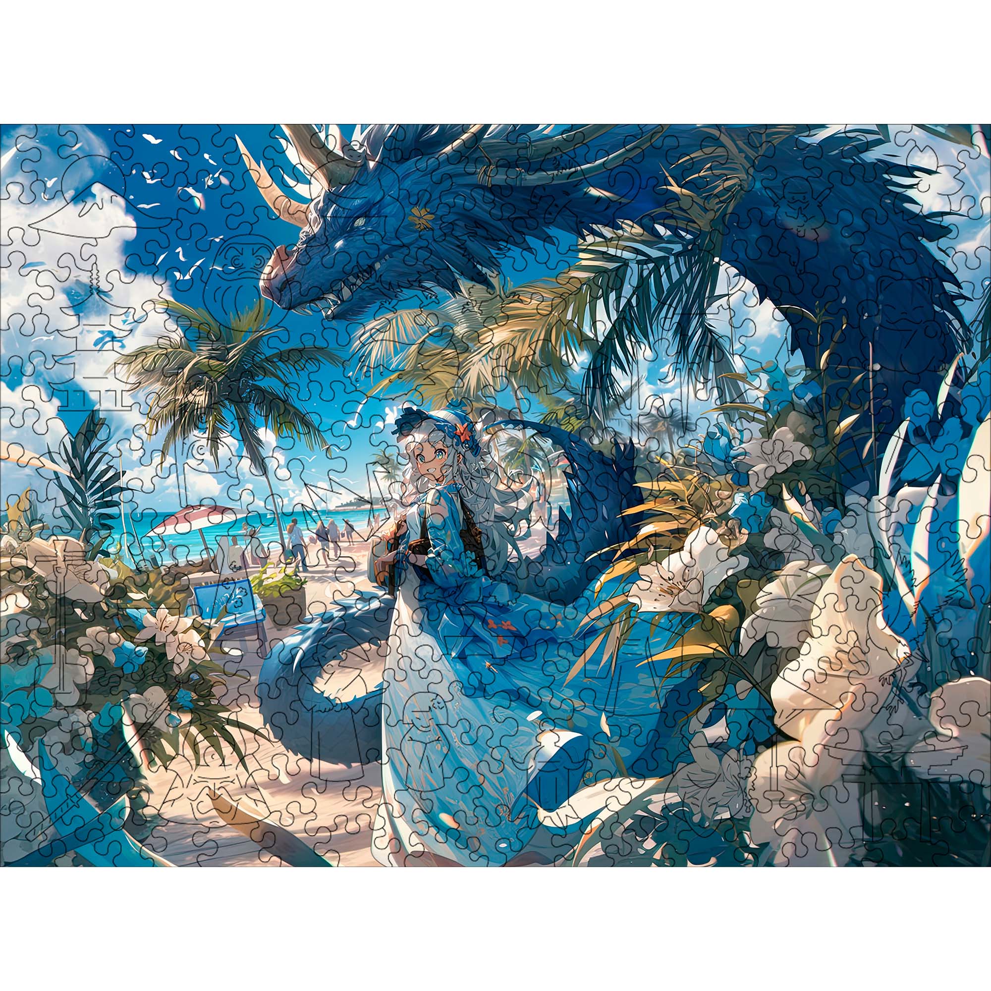 Wooden Jigsaw Puzzle Anime Blue Dragon and Girl - Woods Story