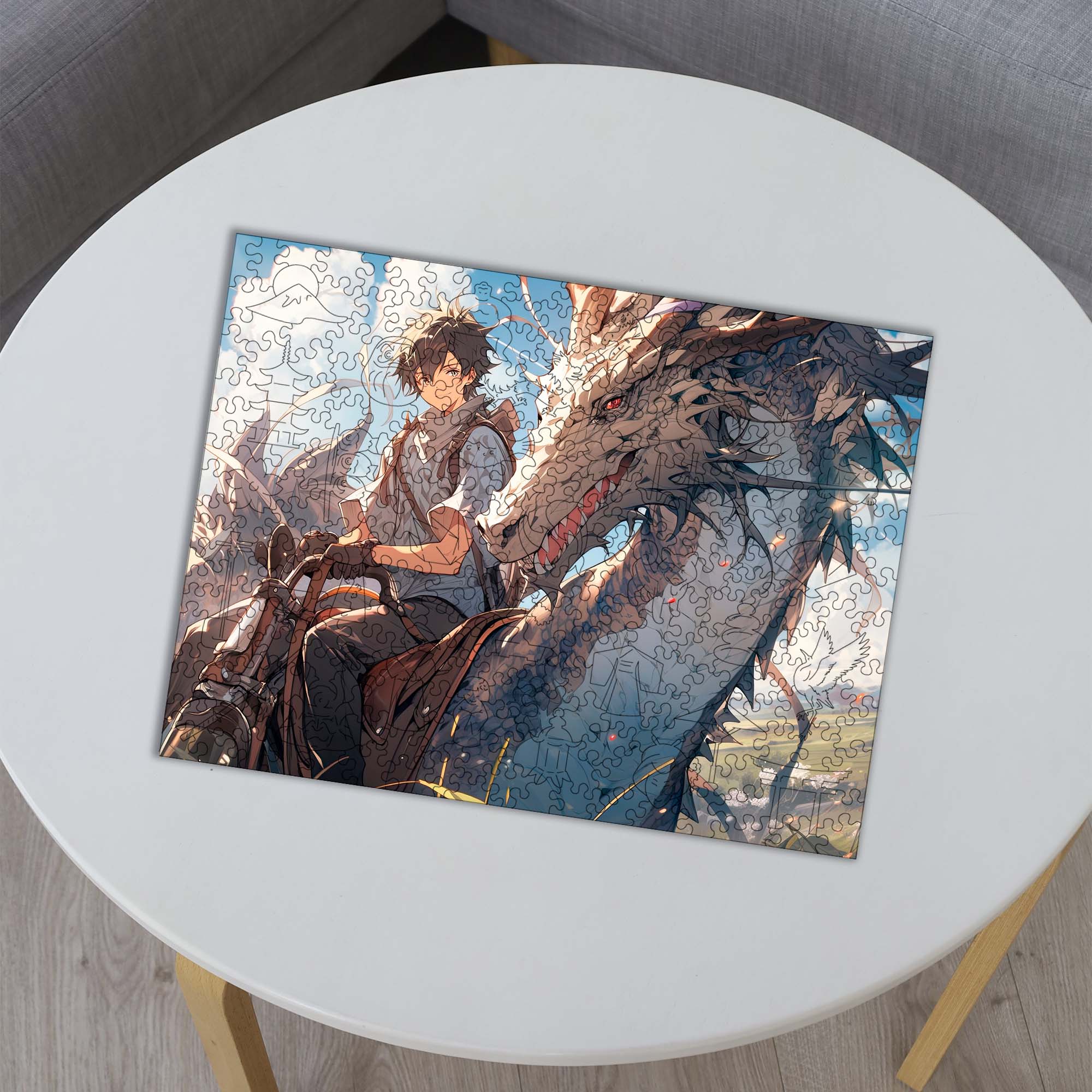 Wooden Jigsaw Puzzle Anime Boy Riding Dragon - Woods Story