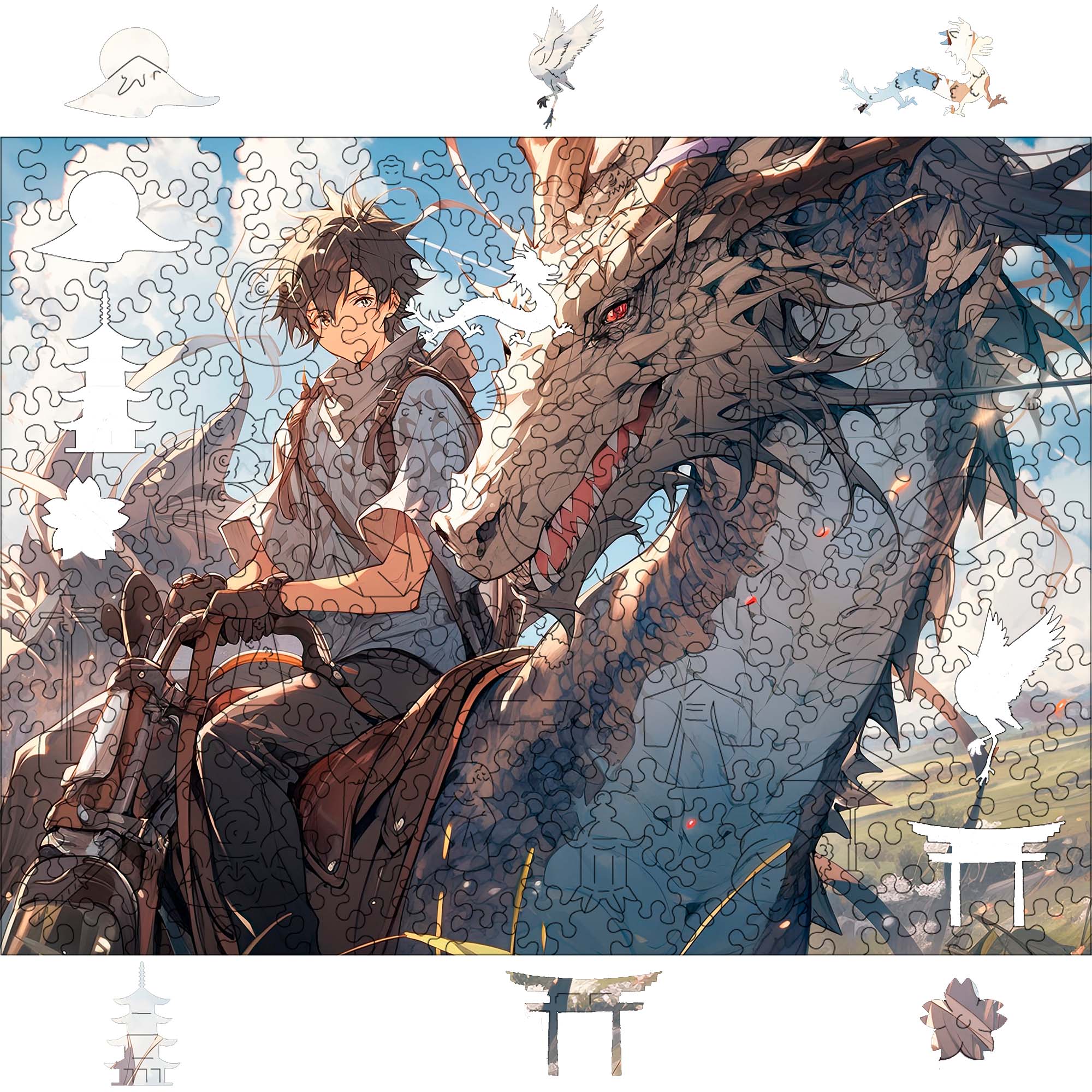 Wooden Jigsaw Puzzle Anime Boy Riding Dragon - Woods Story