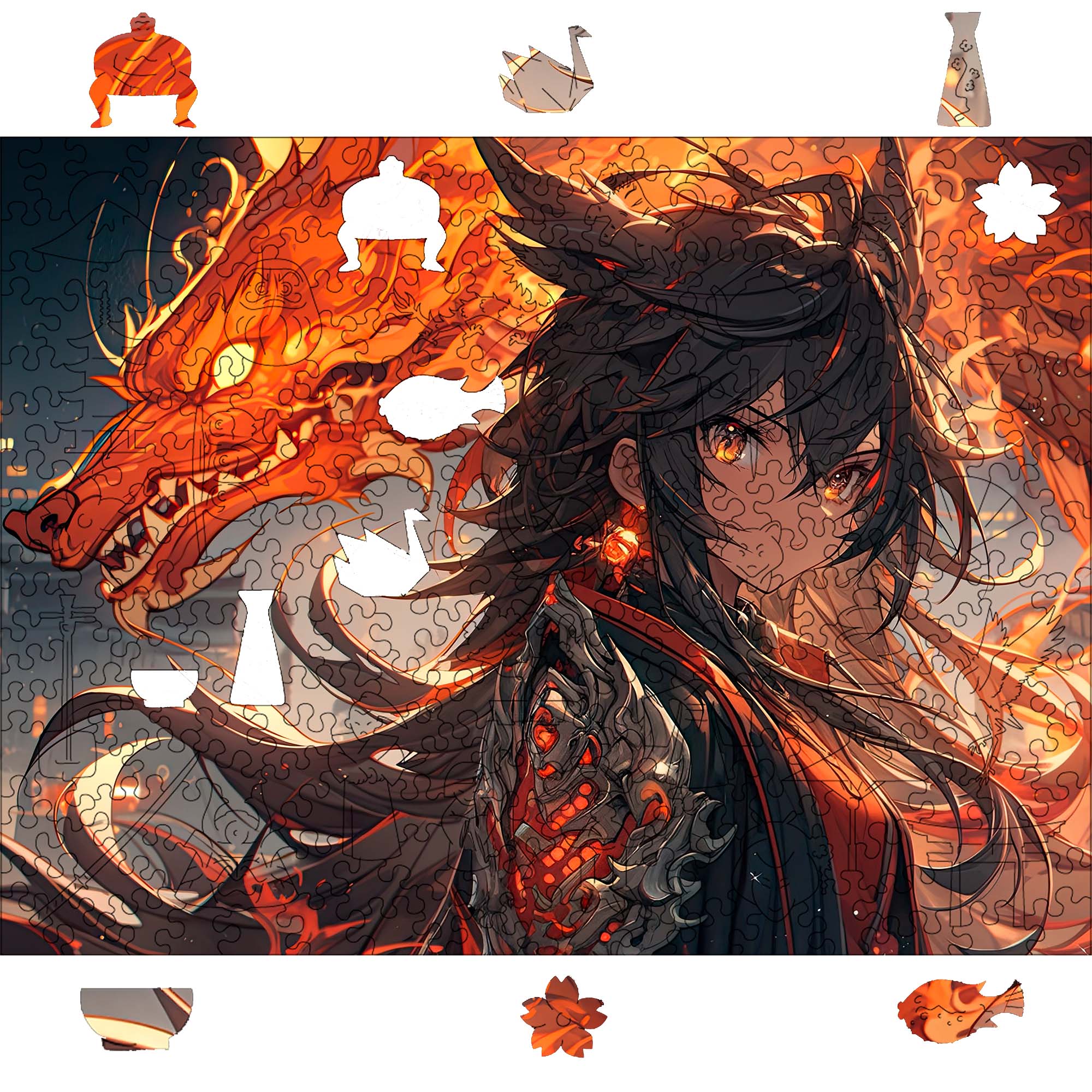 Wooden Jigsaw Puzzle Anime Fire Dragon Warrior - Woods Story