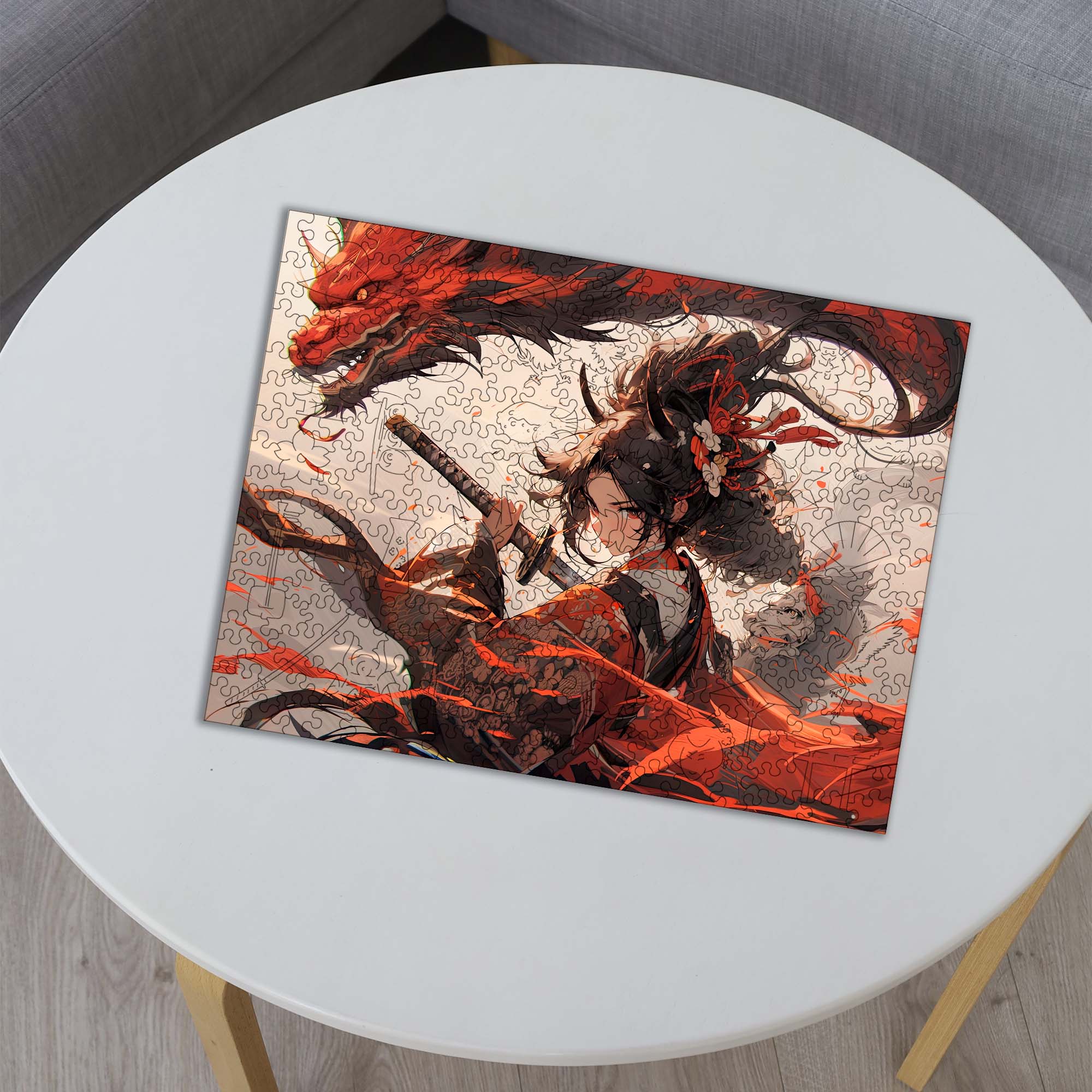 Wooden Jigsaw Puzzle Anime Girl with Red Dragon - Woods Story