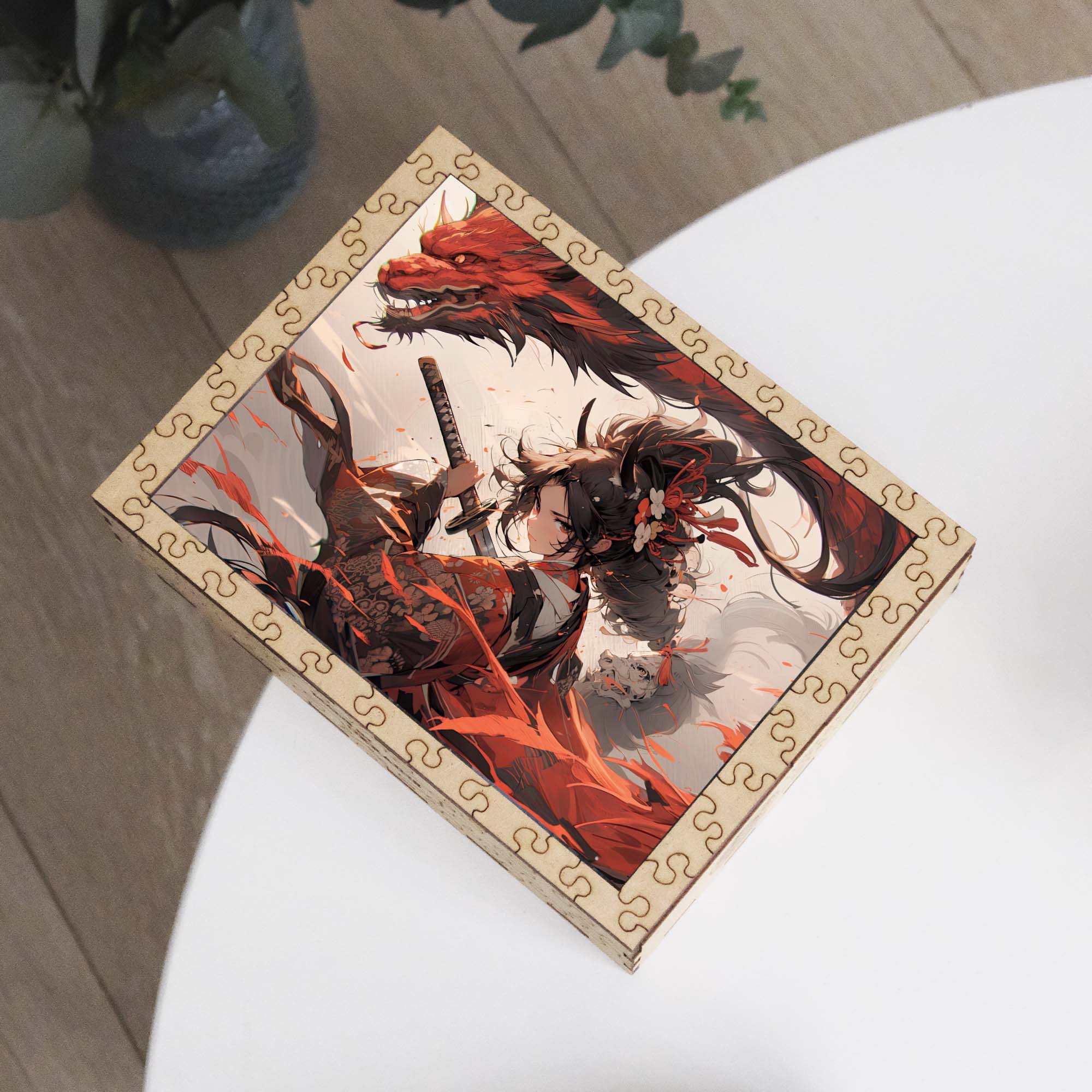 Wooden Jigsaw Puzzle Anime Girl with Red Dragon - Woods Story