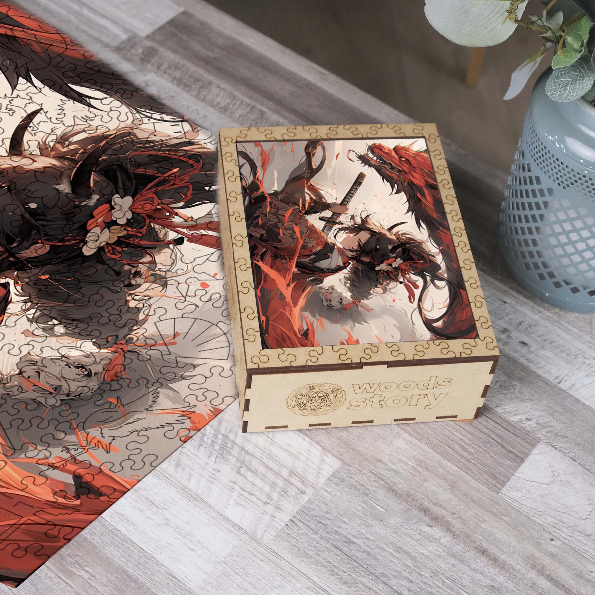 Wooden Jigsaw Puzzle Anime Girl with Red Dragon - Woods Story