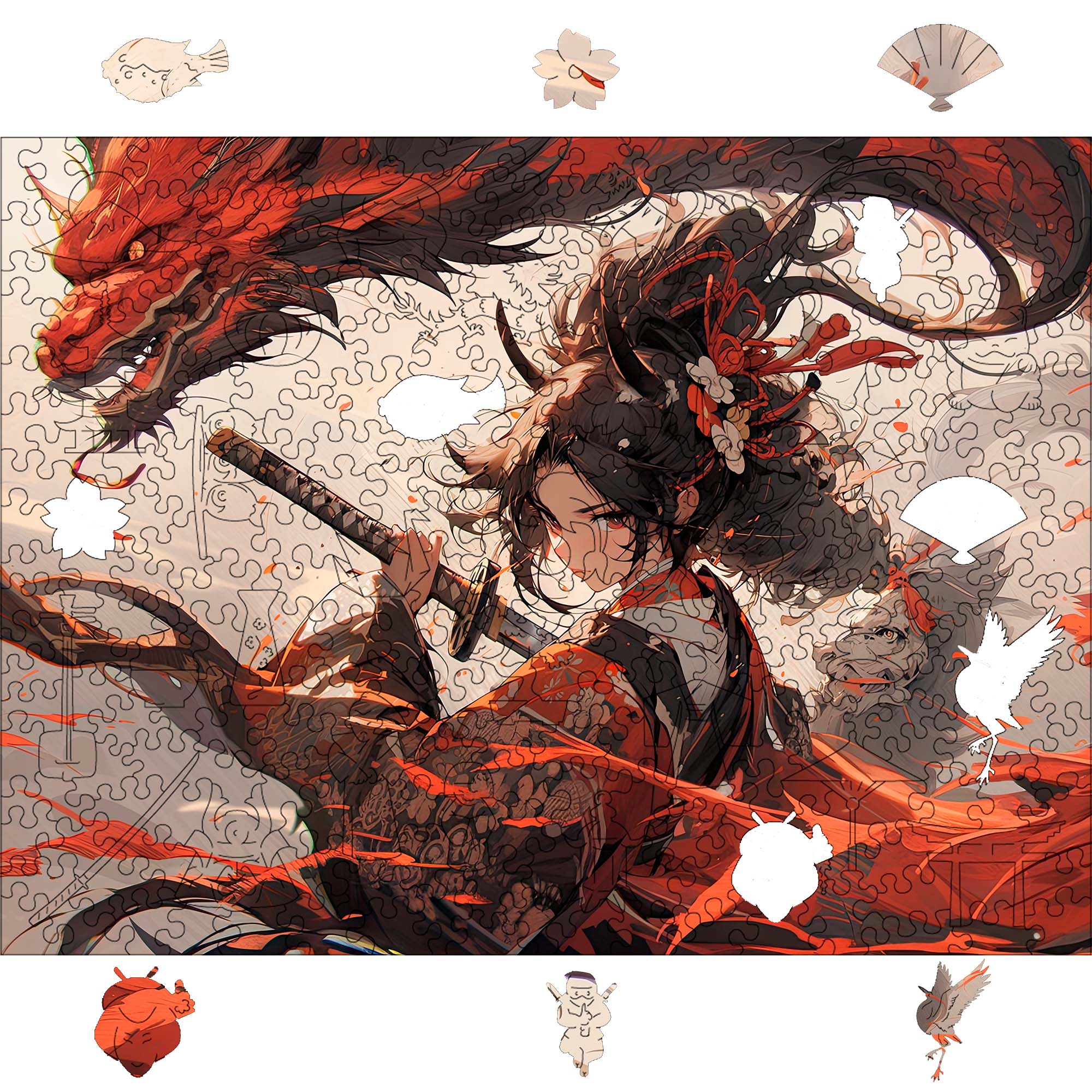 Wooden Jigsaw Puzzle Anime Girl with Red Dragon - Woods Story