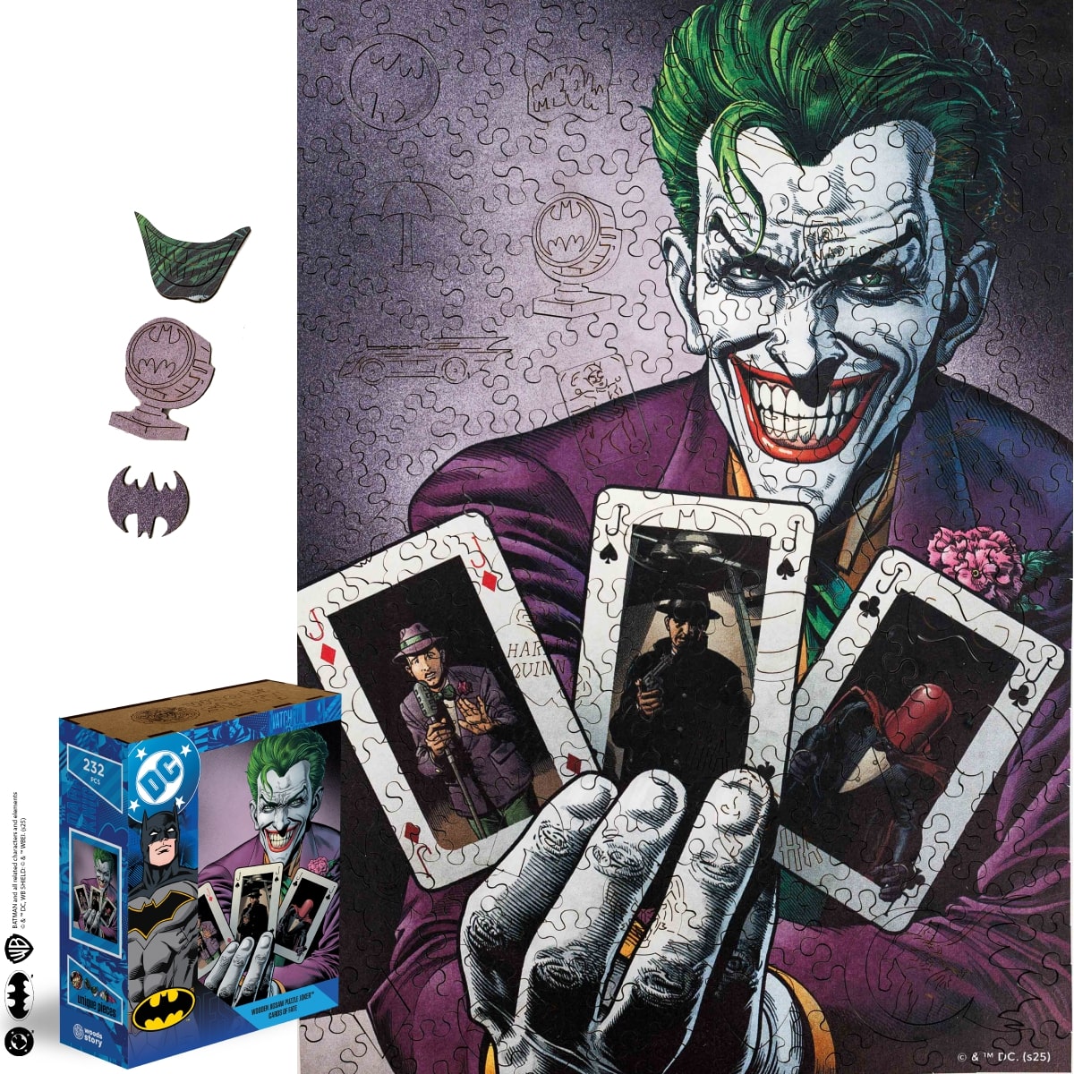 Jigsaw puzzle of The Joker holding playing cards with a box and pieces displayed.