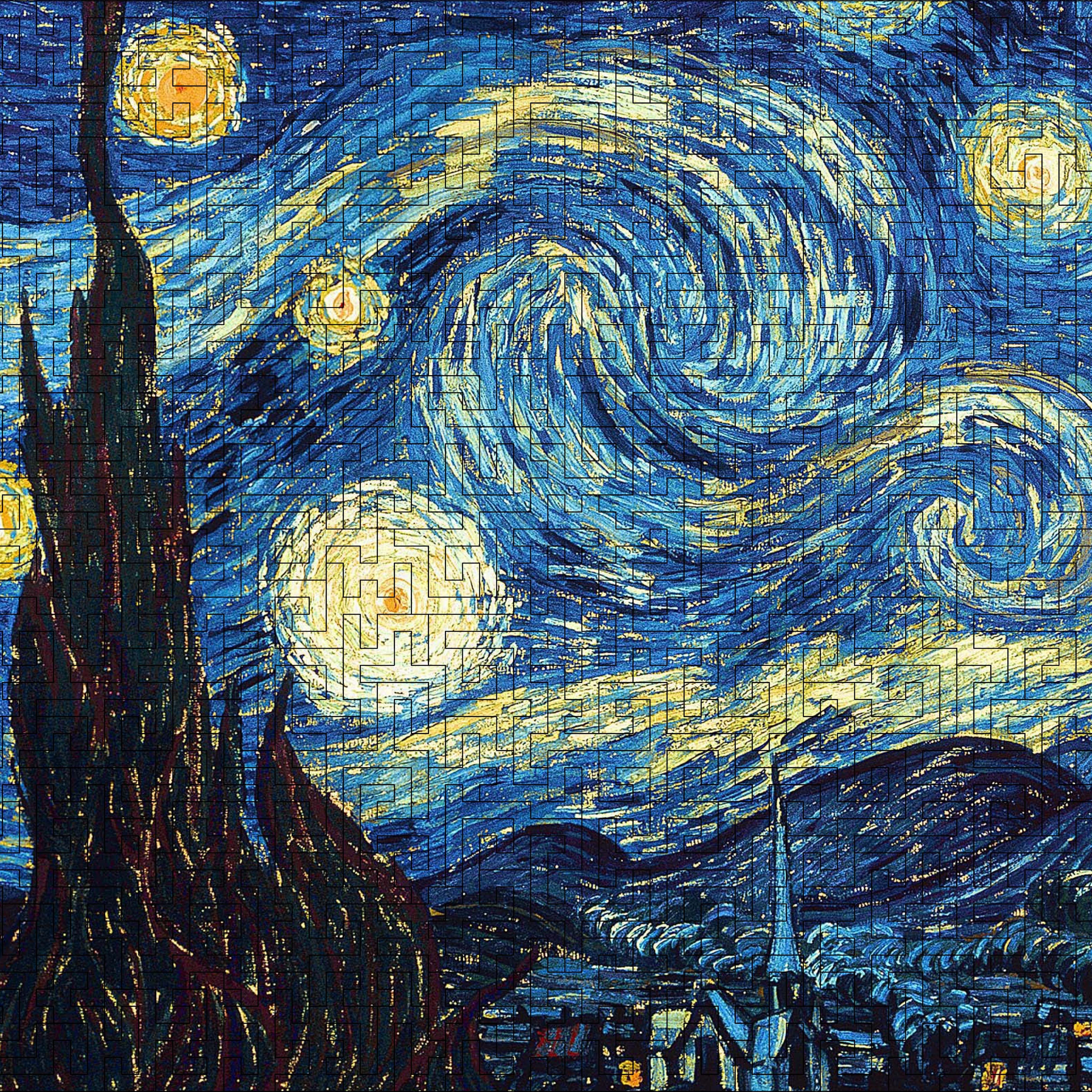 Wooden jigsaw maze puzzle The Starry Night (Vincent van Gogh)
