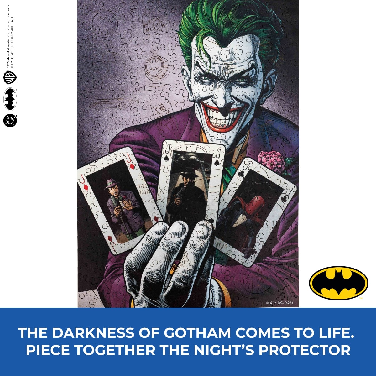 Jigsaw puzzle packaging featuring an illustration of The Joker from Batman with a Batgirl logo.