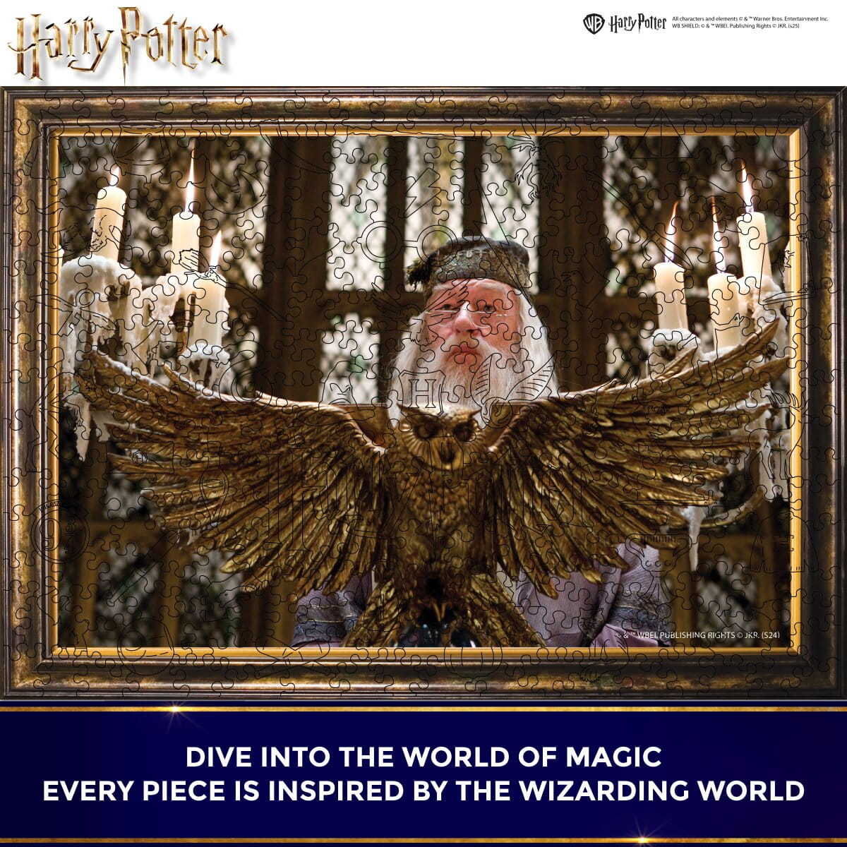 Jigsaw puzzle inspired by 'Harry Potter' with an owl and a character in a frame, featuring the Harry Potter logo.