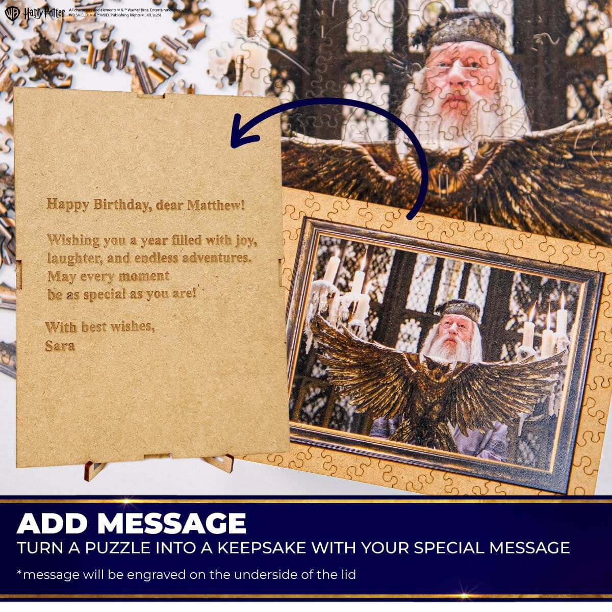 Jigsaw puzzle with a character and birthday card, featuring an engraved message.