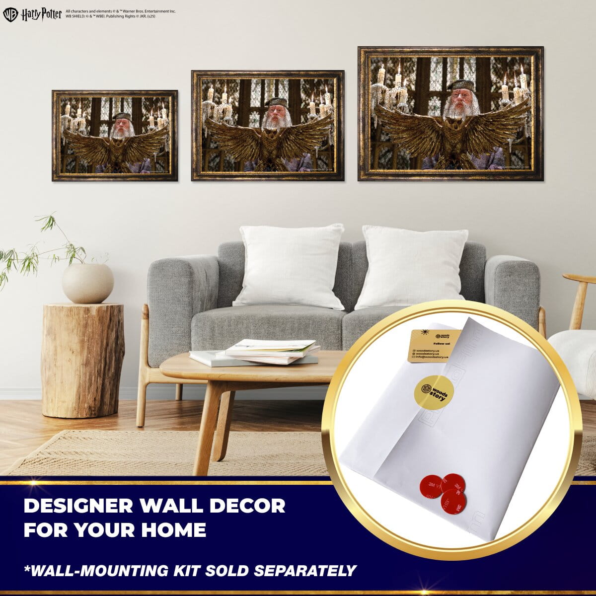 Living room with framed pictures of a character, with a close-up of a wall-mounting kit.