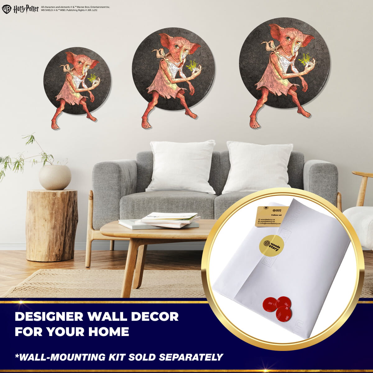 Living room with decorative wall art and a close-up of a wall-mounting kit.