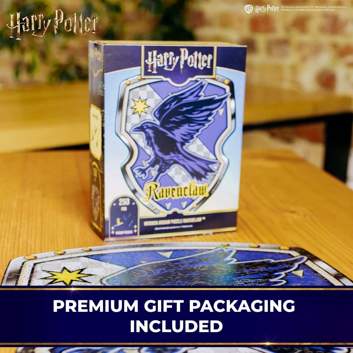 Harry Potter Ravenclaw themed product packaging on a wooden surface with 'Harry Potter' branding.