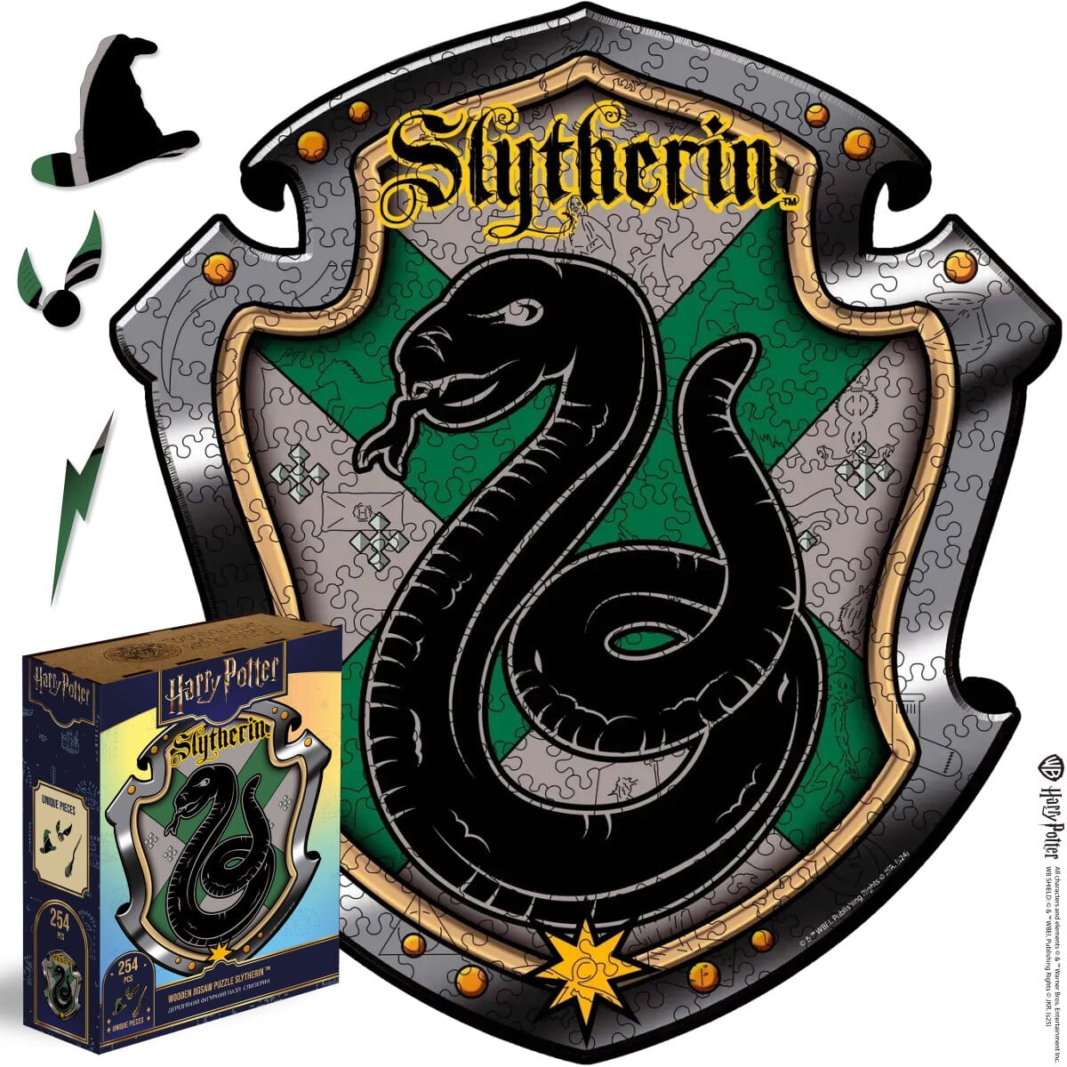 Slytherin house emblem puzzle with packaging on a white background