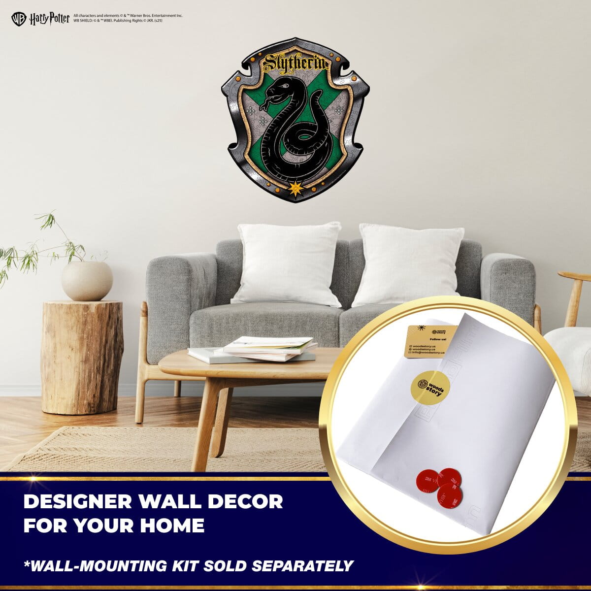 Slytherin house crest wall decor in a living room setting with a close-up of the product packaging.
