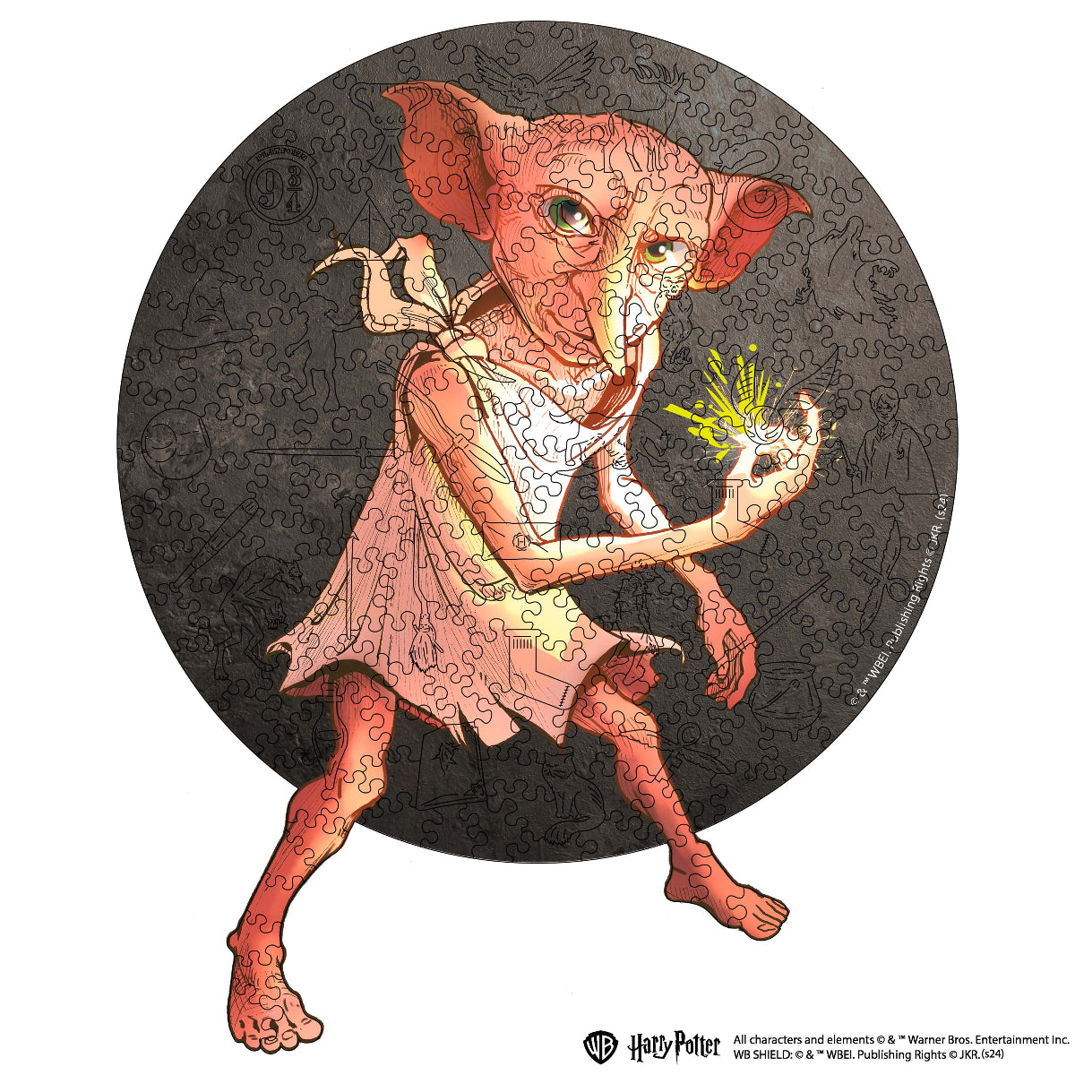 A wooden jigsaw puzzle depicting the character Dobby from the Harry Potter series, along with the puzzle box.