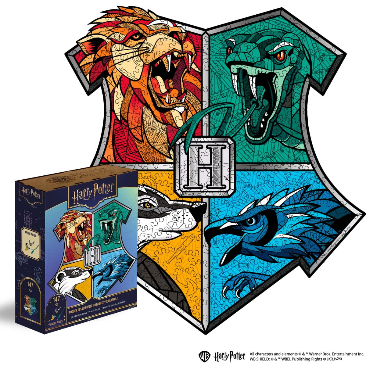 Harry Potter-themed puzzle box with four different animal designs on a white background
