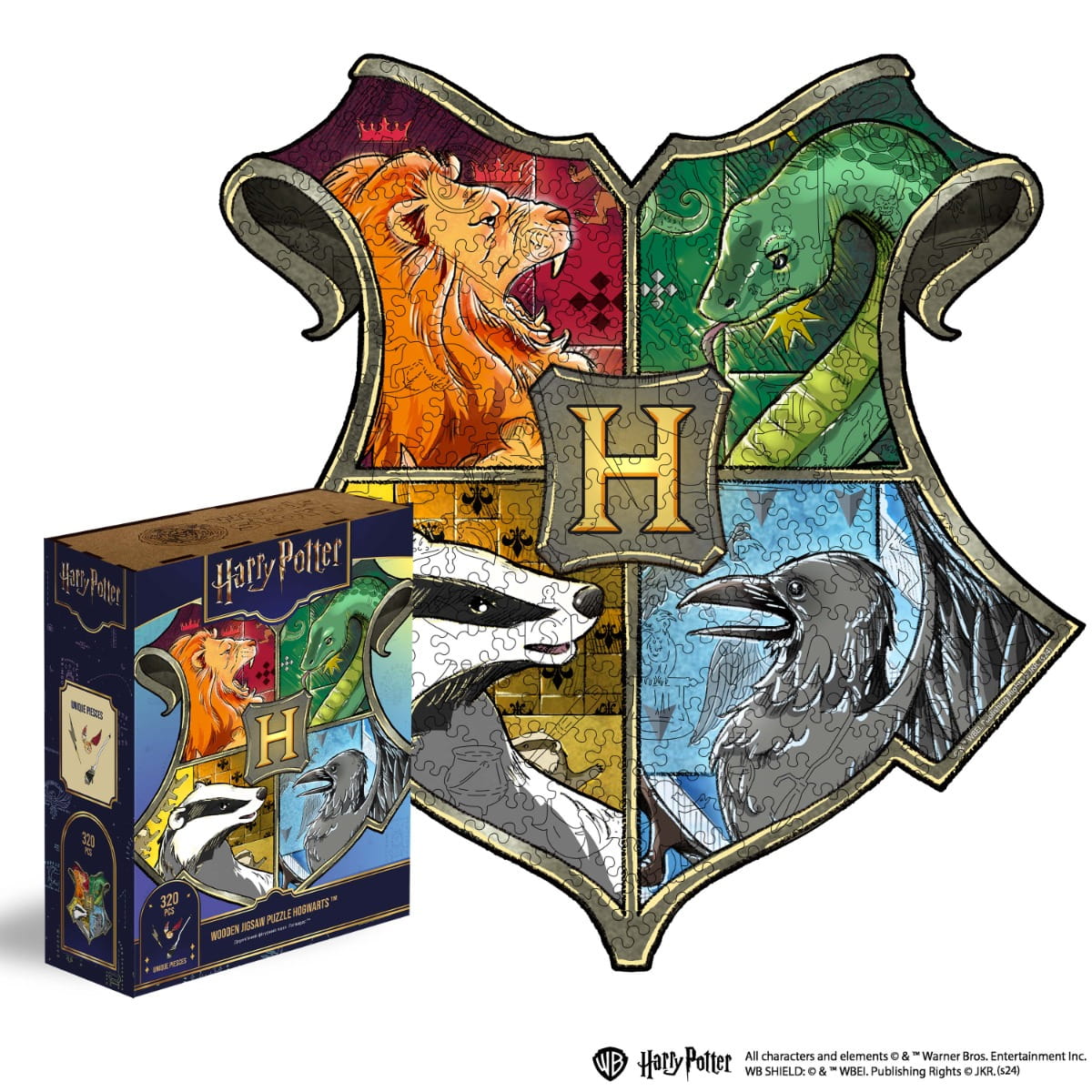 Harmony Games Harry Potter Hogwarts House Crest 1000 Piece Jigsaw Puzzle packaging with the Hogwarts crest design.