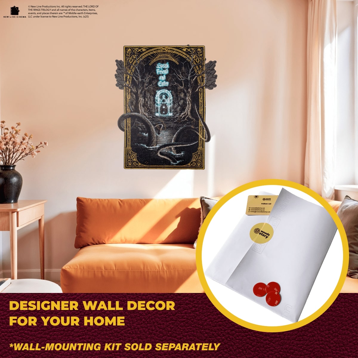 Designer wall decor with wall-mounting kit on a living room wall.