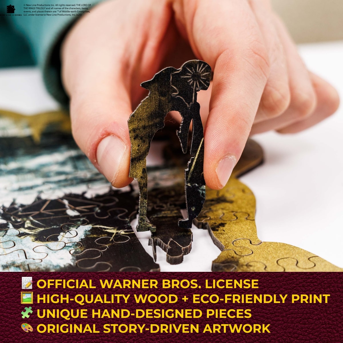 Hand assembling a puzzle piece with text about Warner Bros. license and product details.