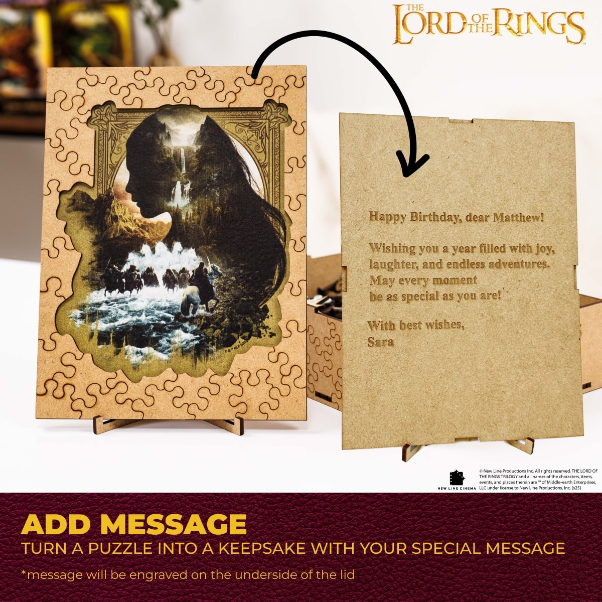 Jigsaw puzzle packaging with 'The Lord of the Rings' branding and a personalized message card.