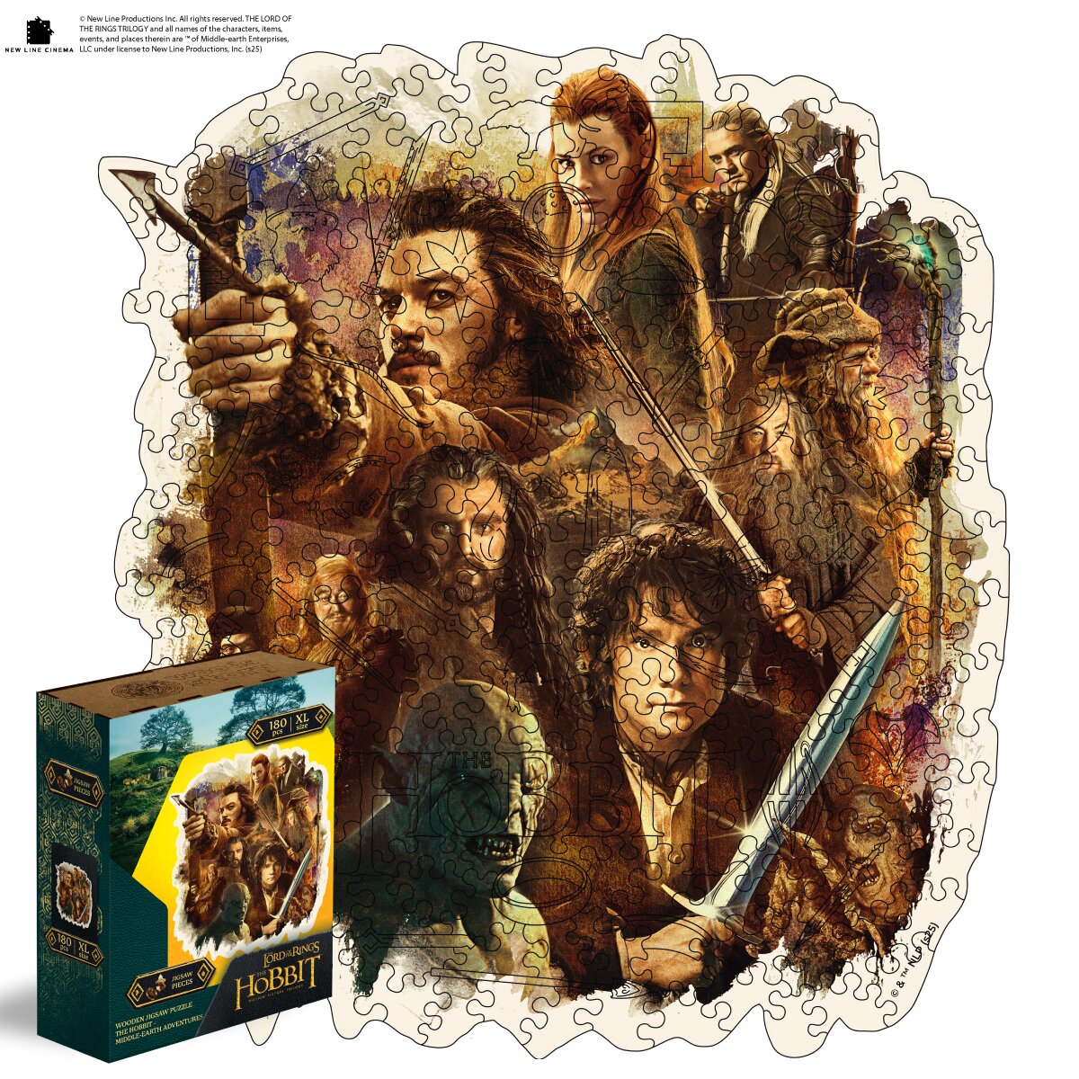 Jigsaw puzzle with characters from 'The Hobbit' and packaging on a white background