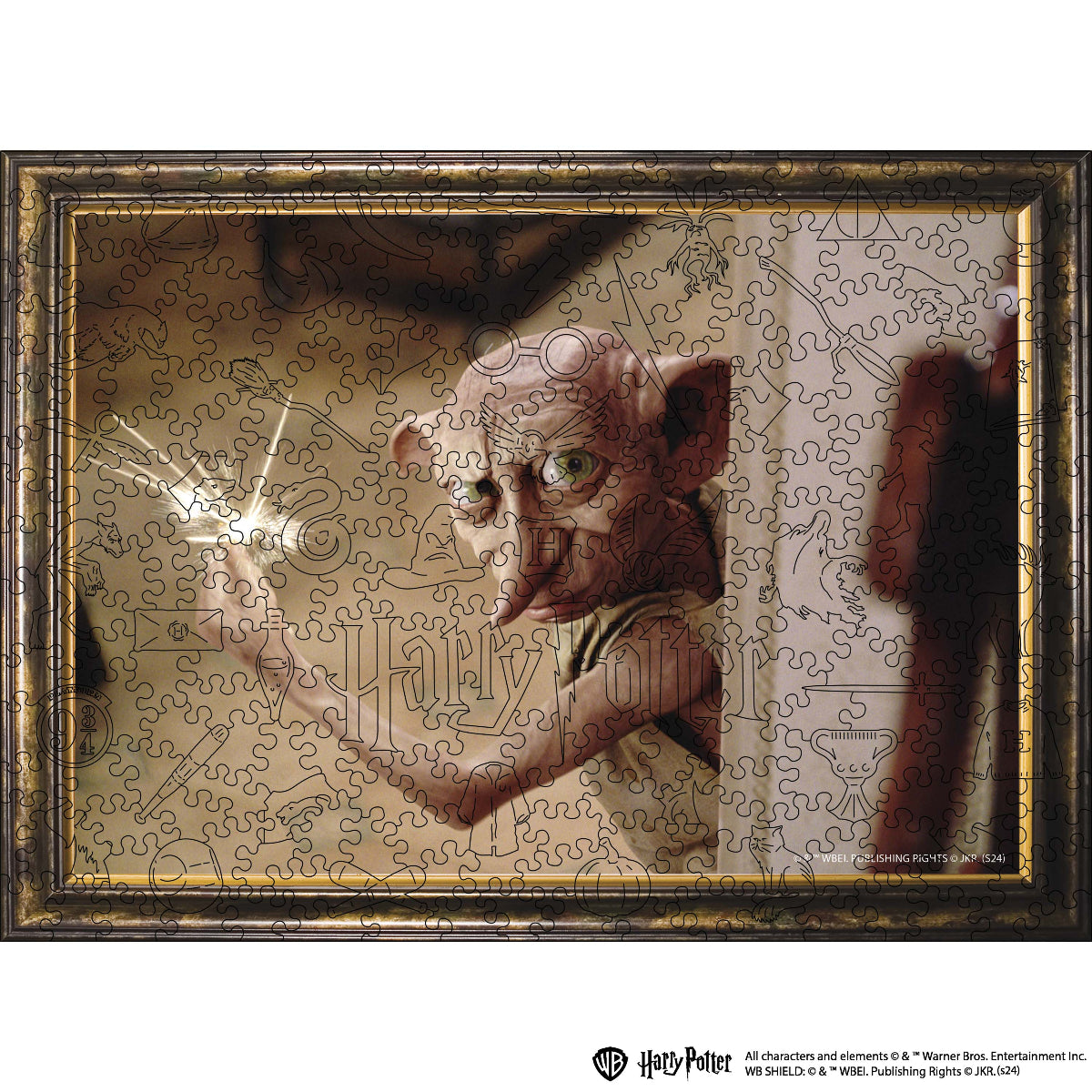 A wooden jigsaw puzzle depicting the character Dobby from Harry Potter, with the puzzle box displayed in front.
