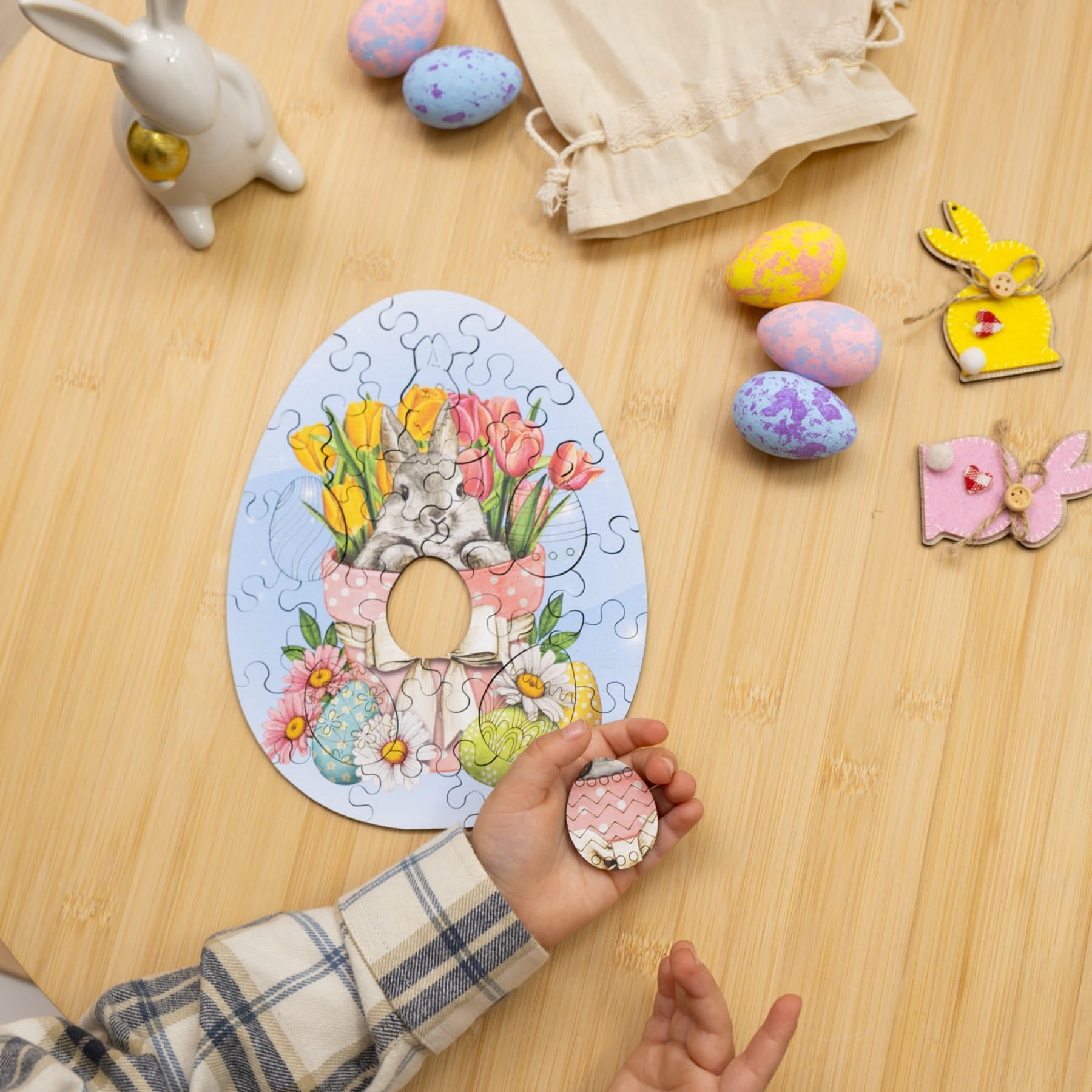 Easter Jigsaw Puzzles for Kids - Easter Bunny with Tulips - Woods Story
