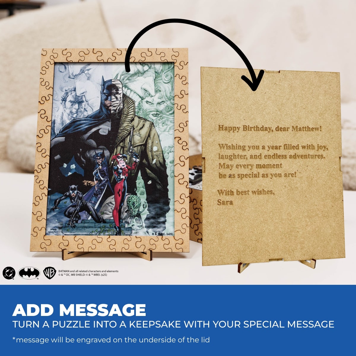 Personalized birthday card with superhero design and engraved message on a puzzle-like structure.