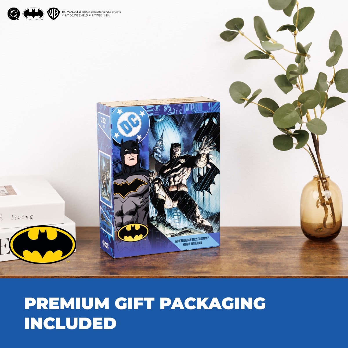 DC superhero action figure packaging on a table with a plant and books in the background