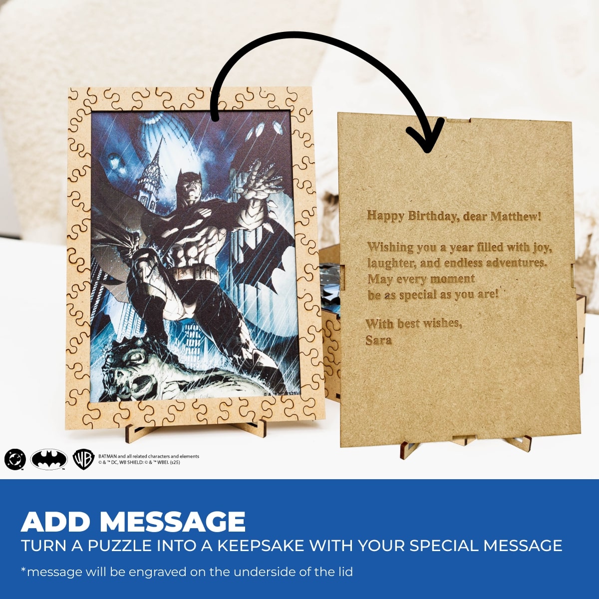 Birthday card with puzzle design featuring a superhero and a personalized message on a white background.