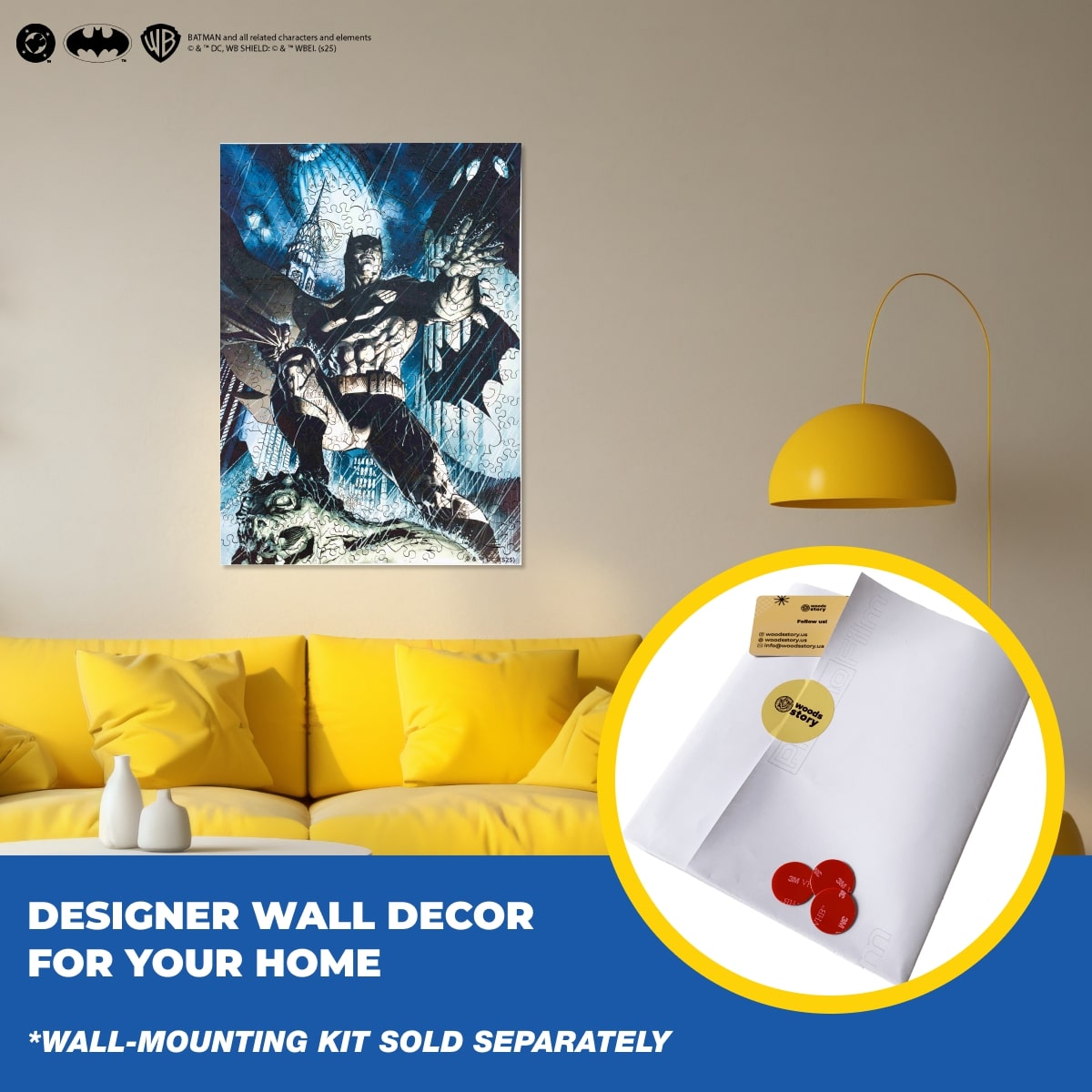 Wall art of superheroes on a beige wall above a yellow couch with a yellow lamp.