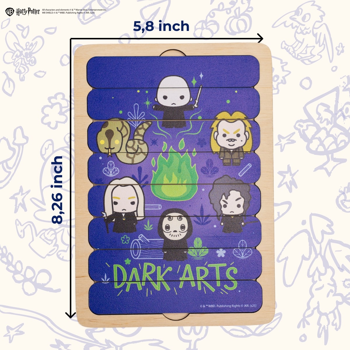 Wooden puzzle with cartoon characters and 'Dark Arts' text on a decorative background