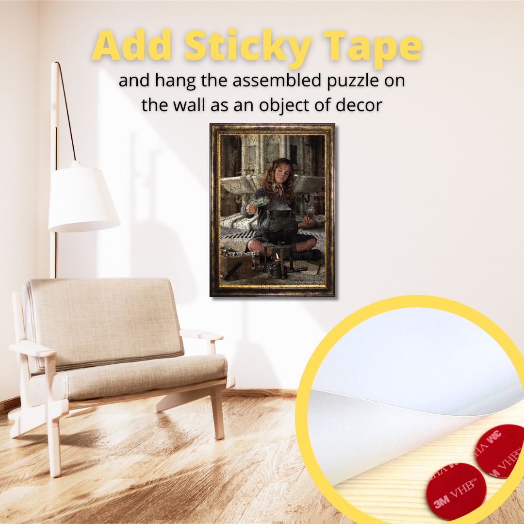 Packaged wooden jigsaw puzzle featuring Hermione Granger from Harry Potter, with a depiction of her in the process of preparing a potion.