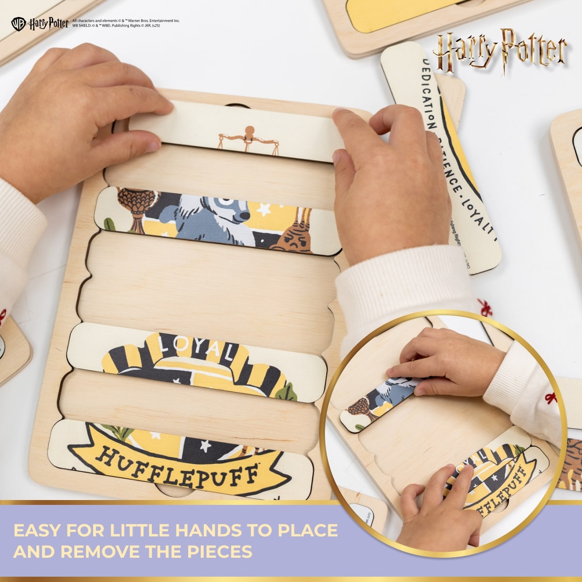 Children's hands interacting with a Harry Potter-themed educational puzzle.