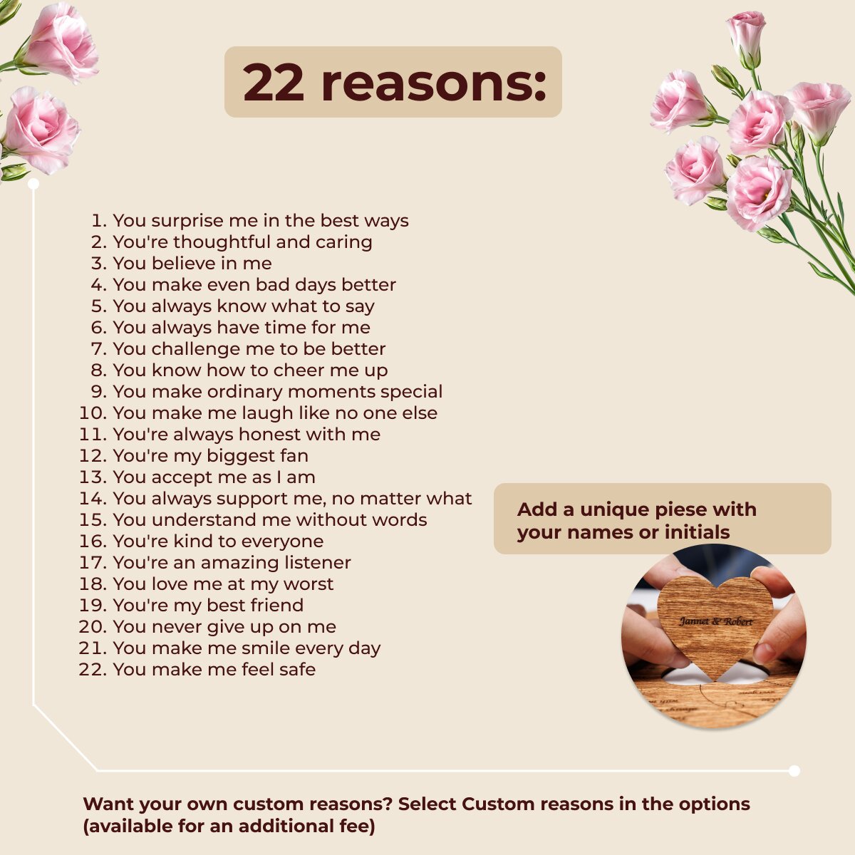 List of '22 reasons' with pink flowers on a beige background