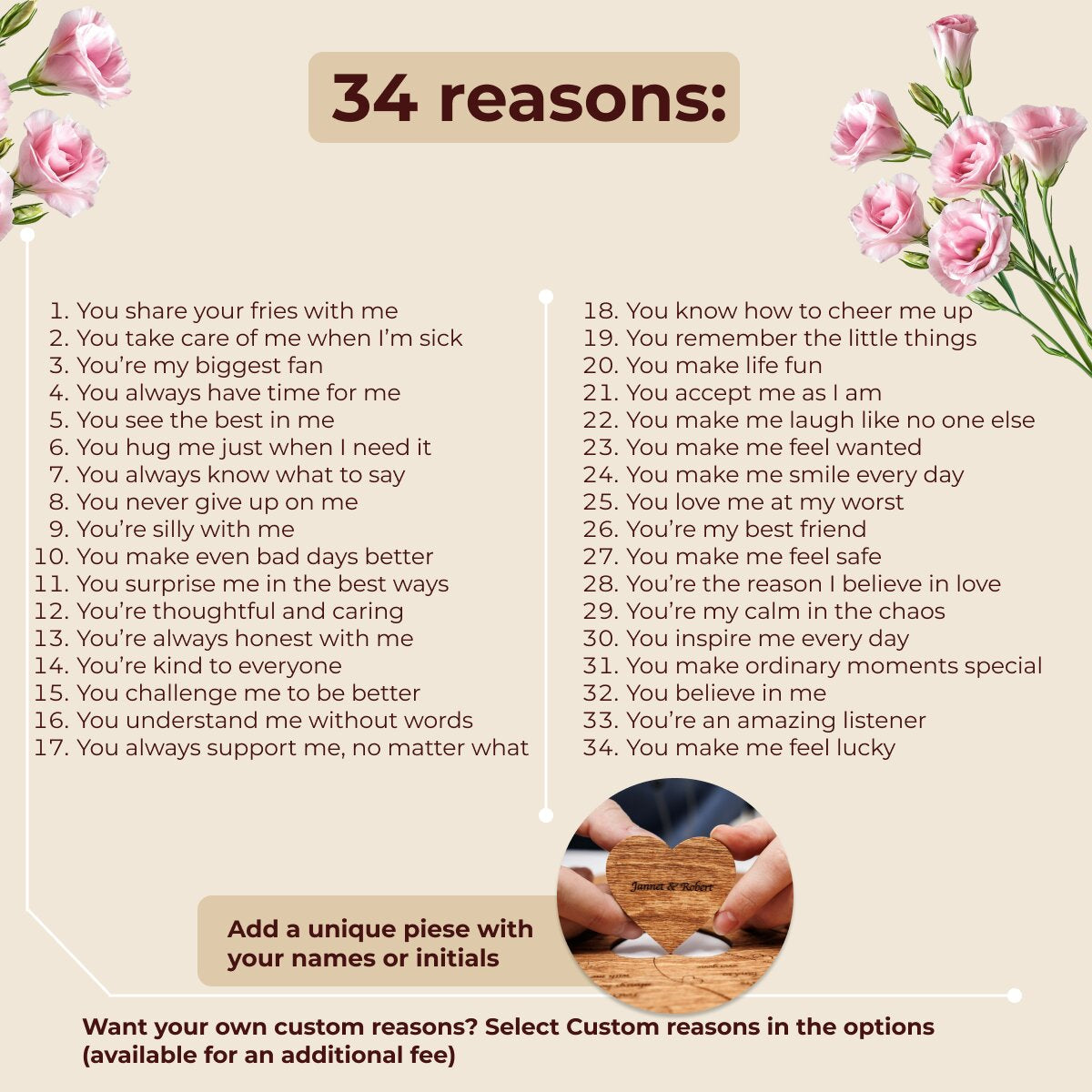 List of '34 reasons' with pink flowers on a beige background