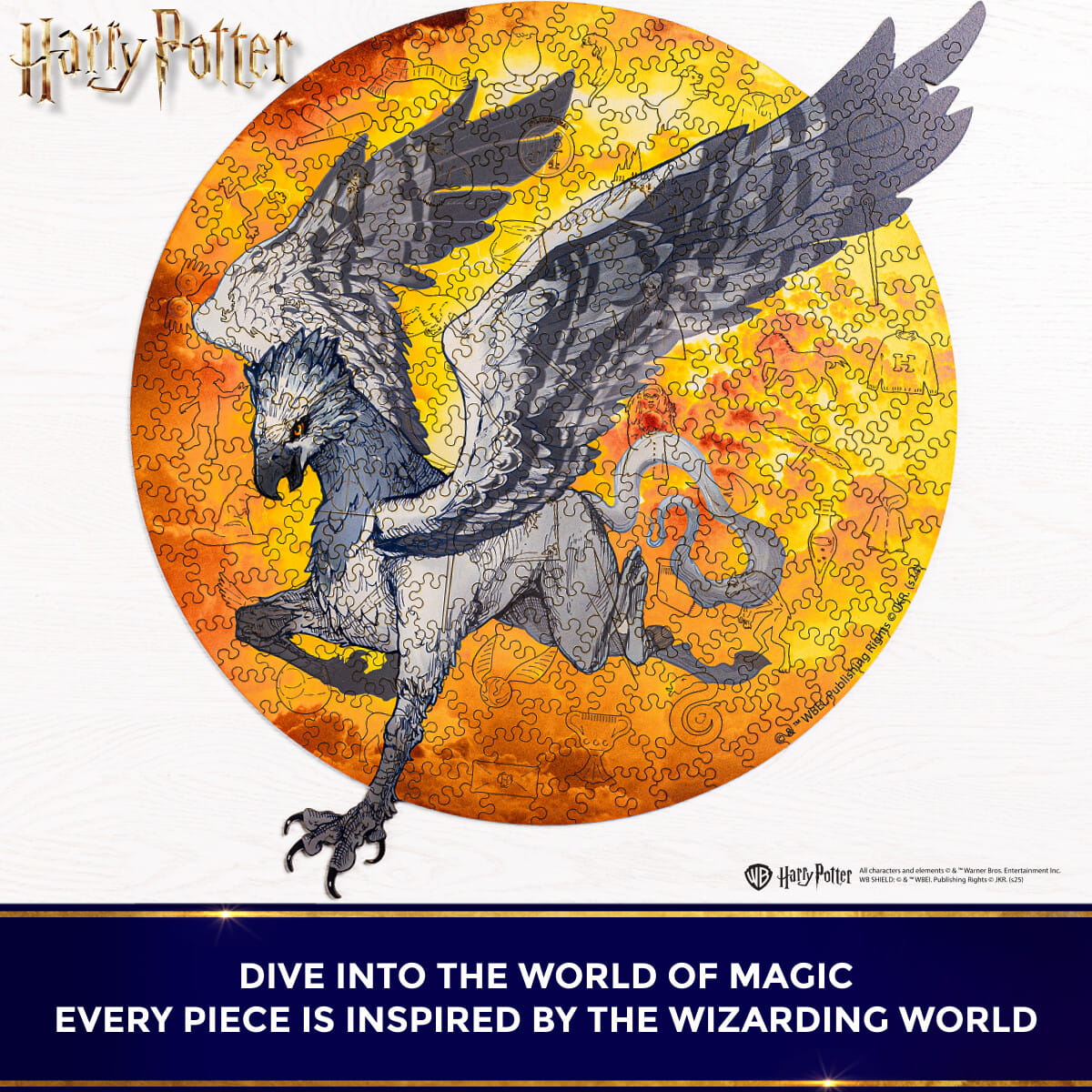 Jigsaw puzzle with a dragon design inspired by 'Harry Potter', featuring an orange and yellow circular background.
