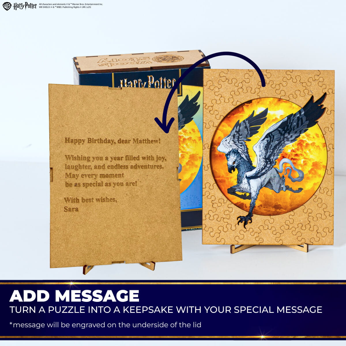 Harry Potter-themed puzzle packaging with a message card and dragon illustration.