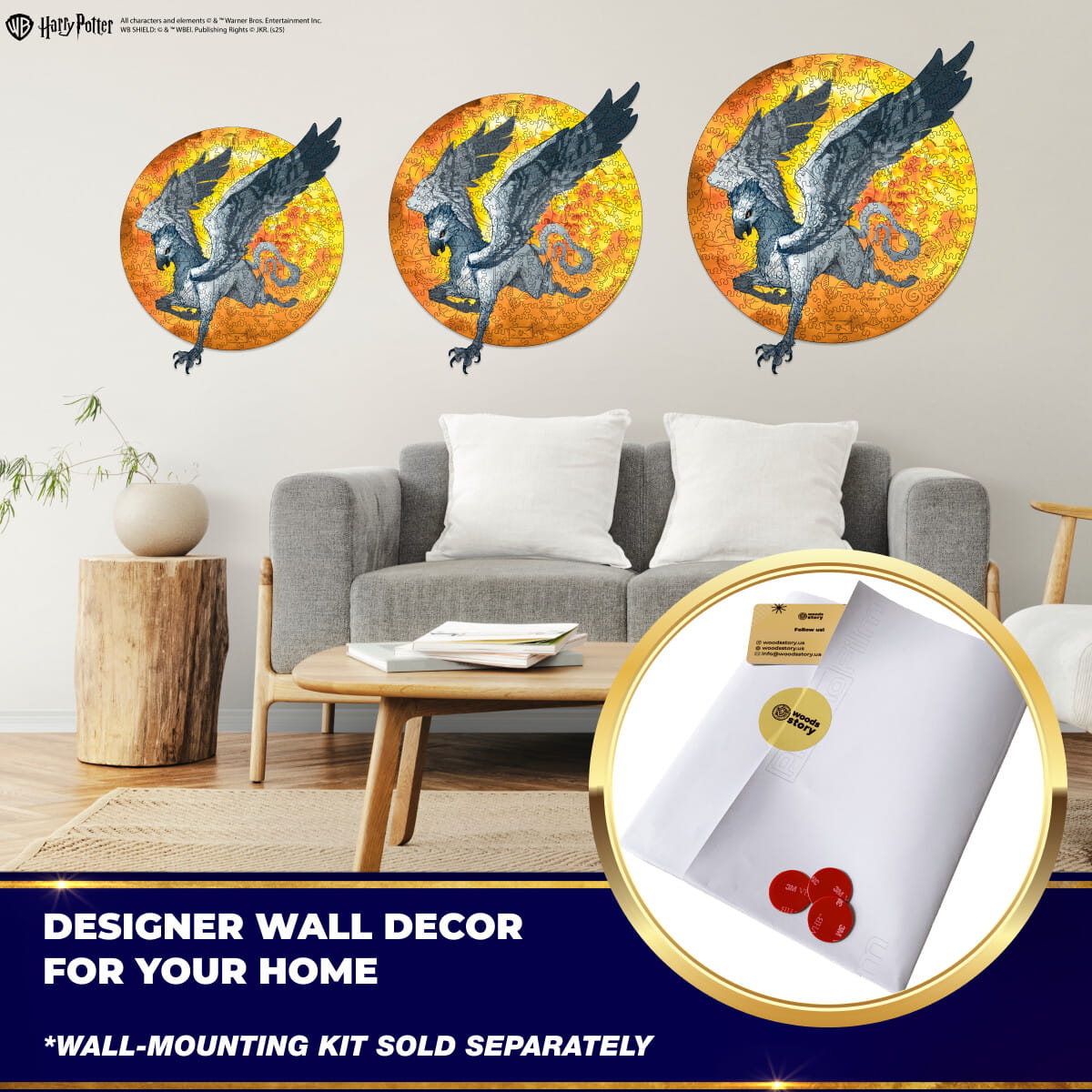 Living room with Harry Potter-themed wall decor featuring three identical dragon illustrations on a white wall.