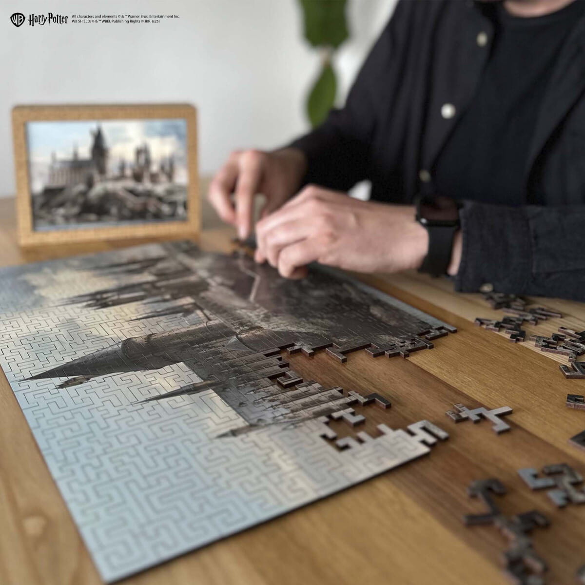 Person working on a puzzle with a Harry Potter theme, sitting at a table.