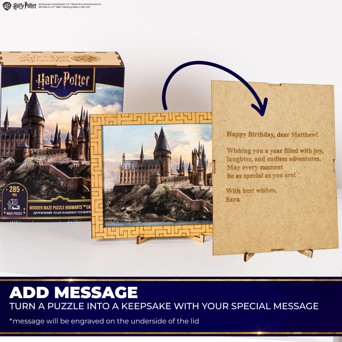 Harry Potter puzzle packaging with Hogwarts castle image and personalized message card.
