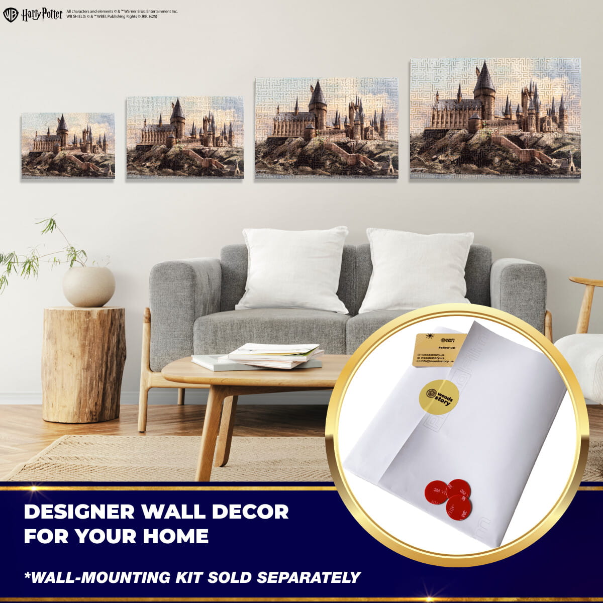 Living room with Harry Potter-themed wall decor and a close-up of a wall-mounting kit.