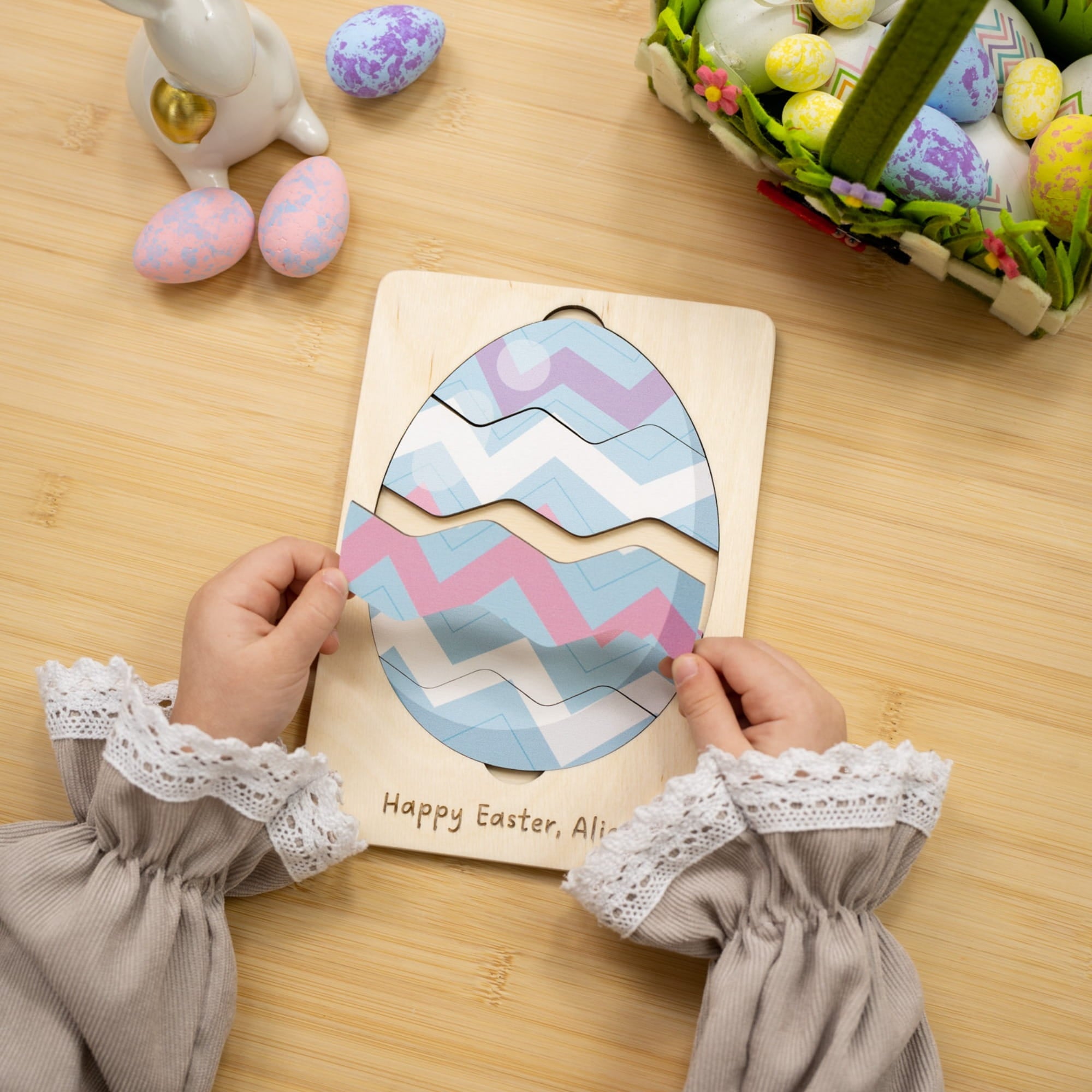 Montessori Wooden Easter Egg Puzzle - Chevron - Woods Story