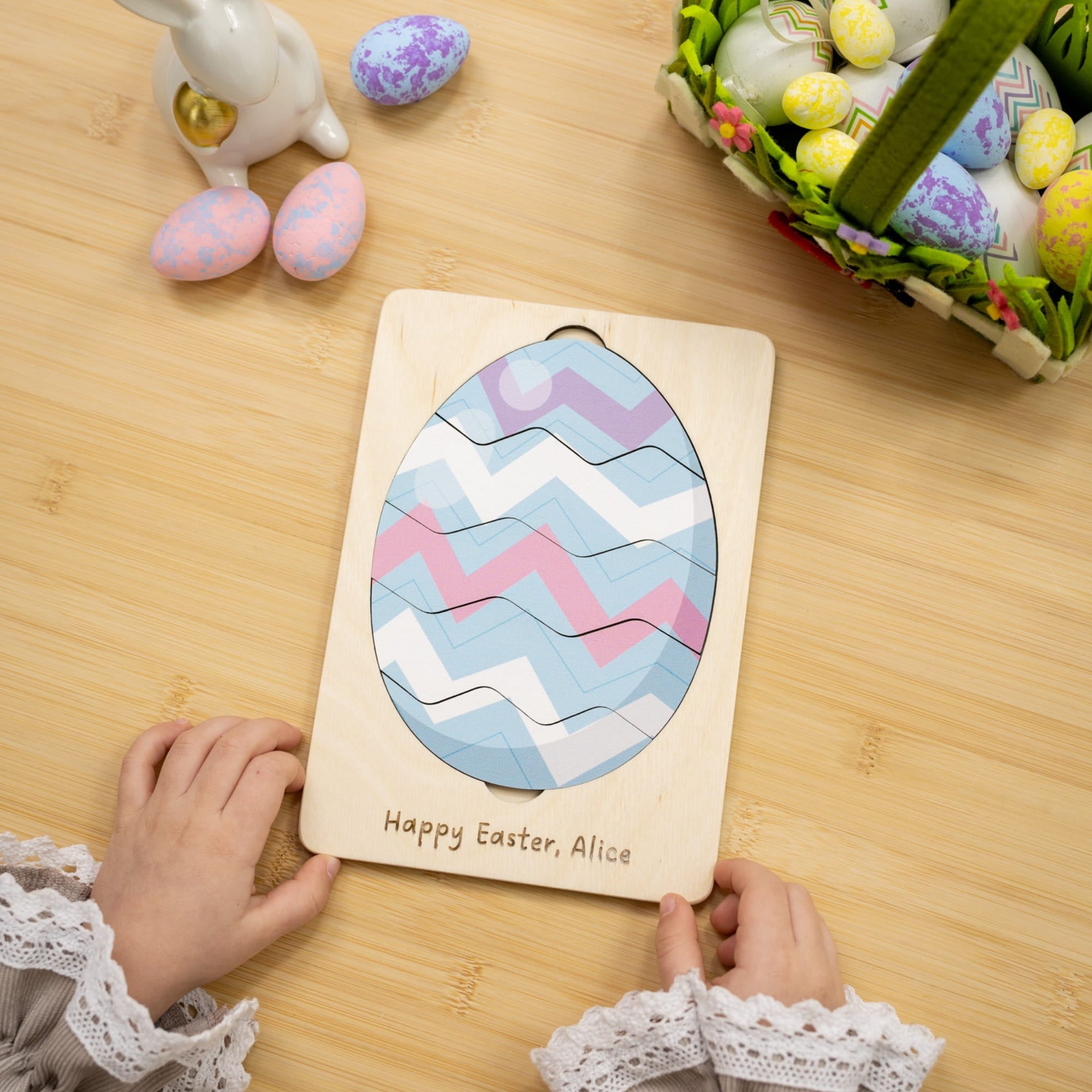 Montessori Wooden Easter Egg Puzzle - Chevron - Woods Story