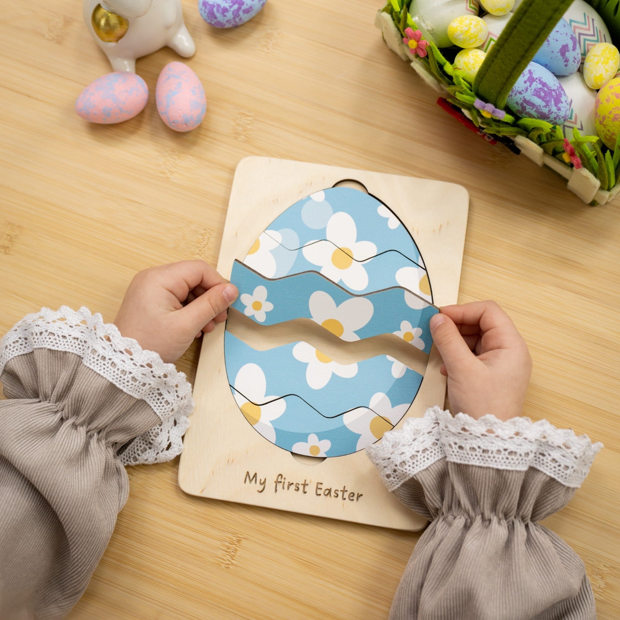 Montessori Wooden Easter Egg Puzzle - Daisy Easter - Woods Story