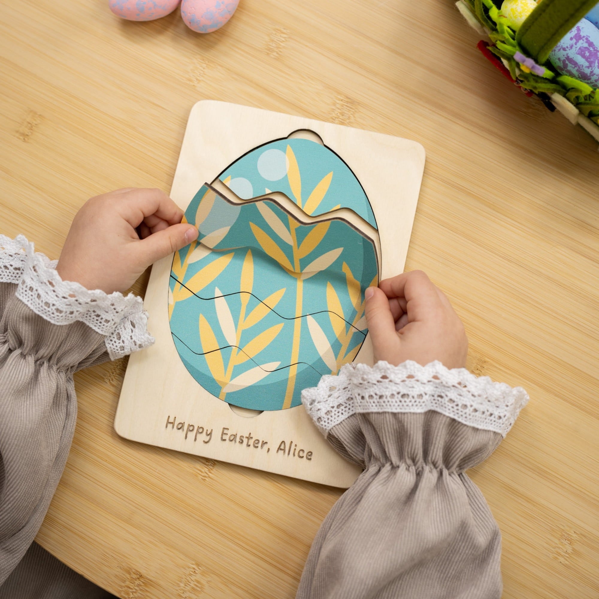 Montessori Wooden Easter Egg Puzzle - Golden Leaves - Woods Story