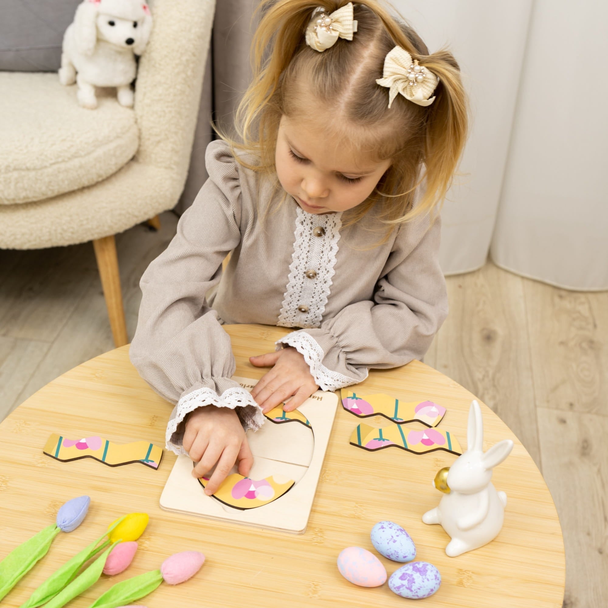 Montessori Wooden Easter Egg Puzzle - Pink Flower - Woods Story
