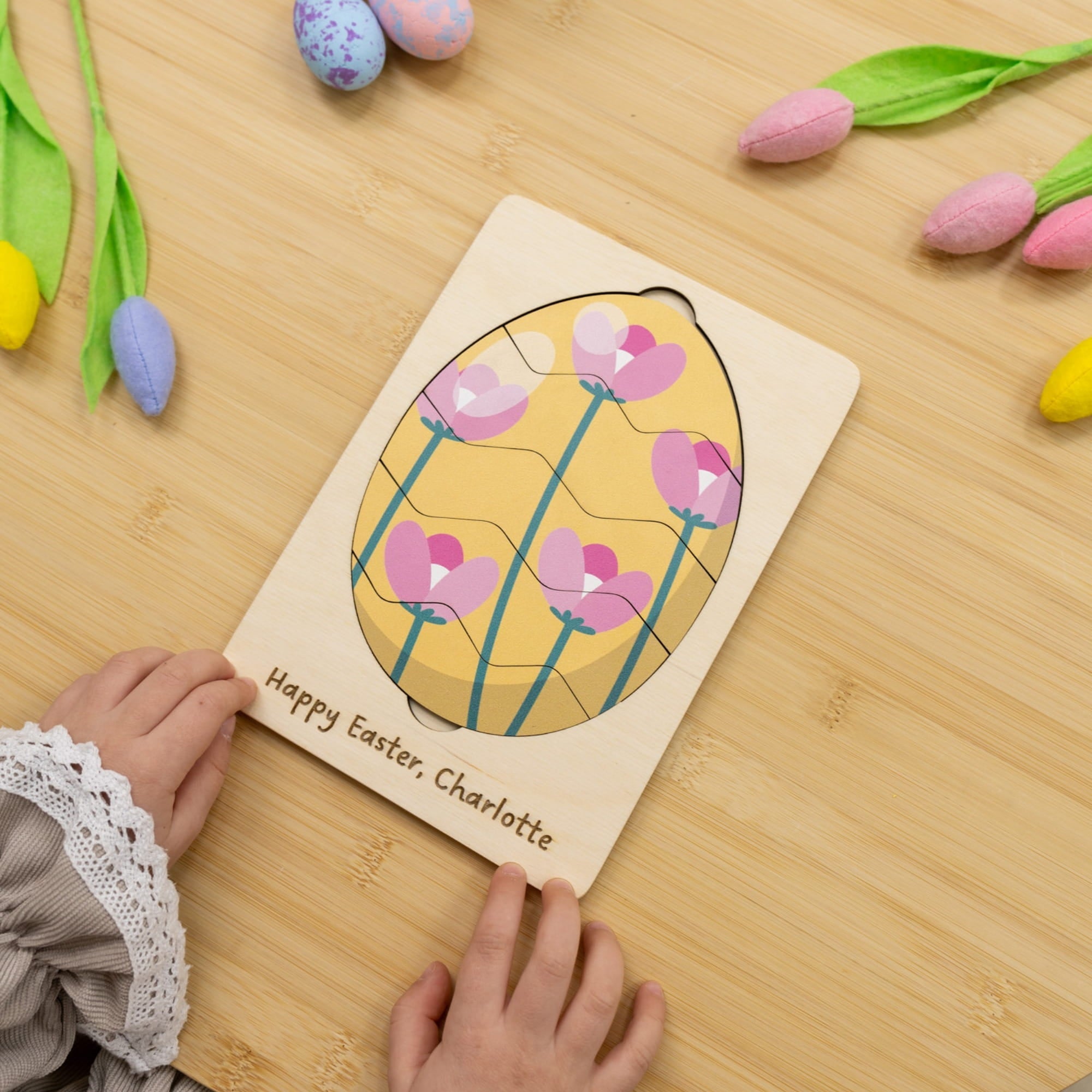 Montessori Wooden Easter Egg Puzzle - Pink Flower - Woods Story