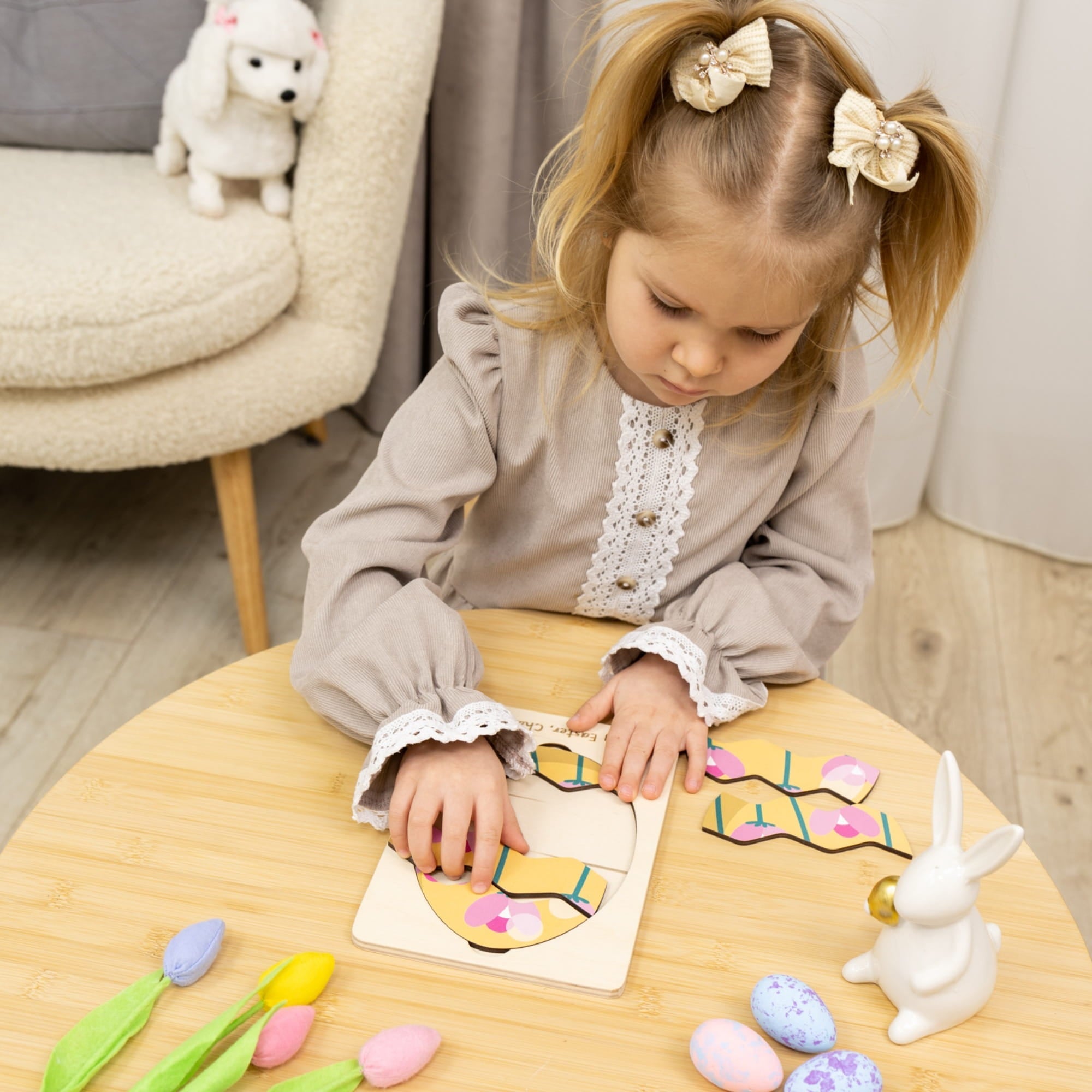 Montessori Wooden Easter Egg Puzzle - Pink Flower - Woods Story